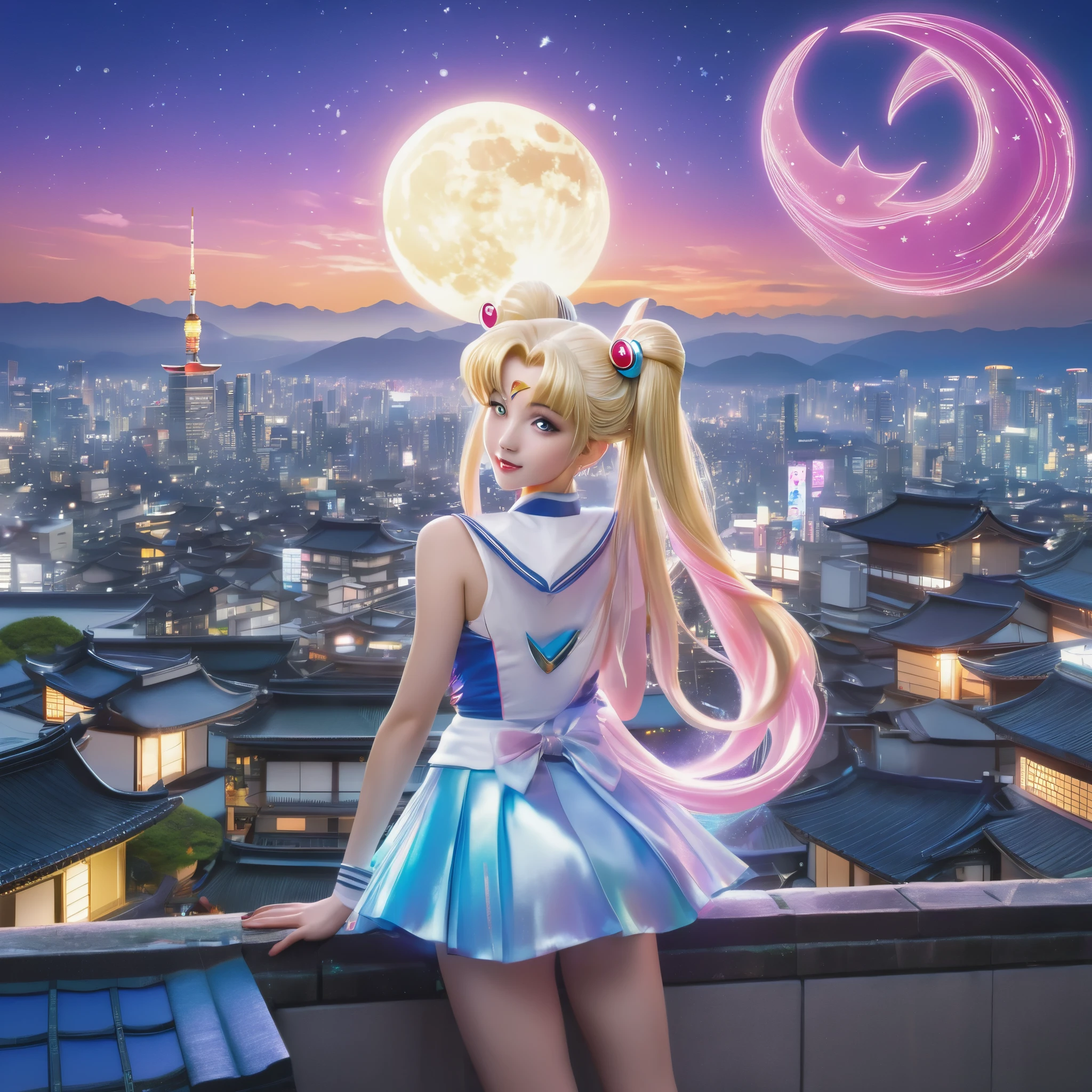 (best quality,4k,8k,highres,masterpiece:1.2),ultra-detailed,(realistic,photorealistic,photo-realistic:1.37),Sailor Moon in her magical form,standing on her rooftop,watching a shadow monster descend upon Tokyo,her magic tingling,night time,shimmering moonlight,glowing city lights,sparkling stars,magical transformation,effortlessly graceful movements,majestic rooftop garden,flowing hair,mystical wand with a crescent moon,beautifully detailed eyes,shimmering dress with pastel colors,playful ribbons floating in the wind,curved rooftops of traditional Japanese buildings,majestic skyscrapers in the background,energetic and dynamic scene,cityscape with modern architecture and neon signs,expressive and determined face,relevant anime style,serene and otherworldly atmosphere,vibrant and vibrant colors.