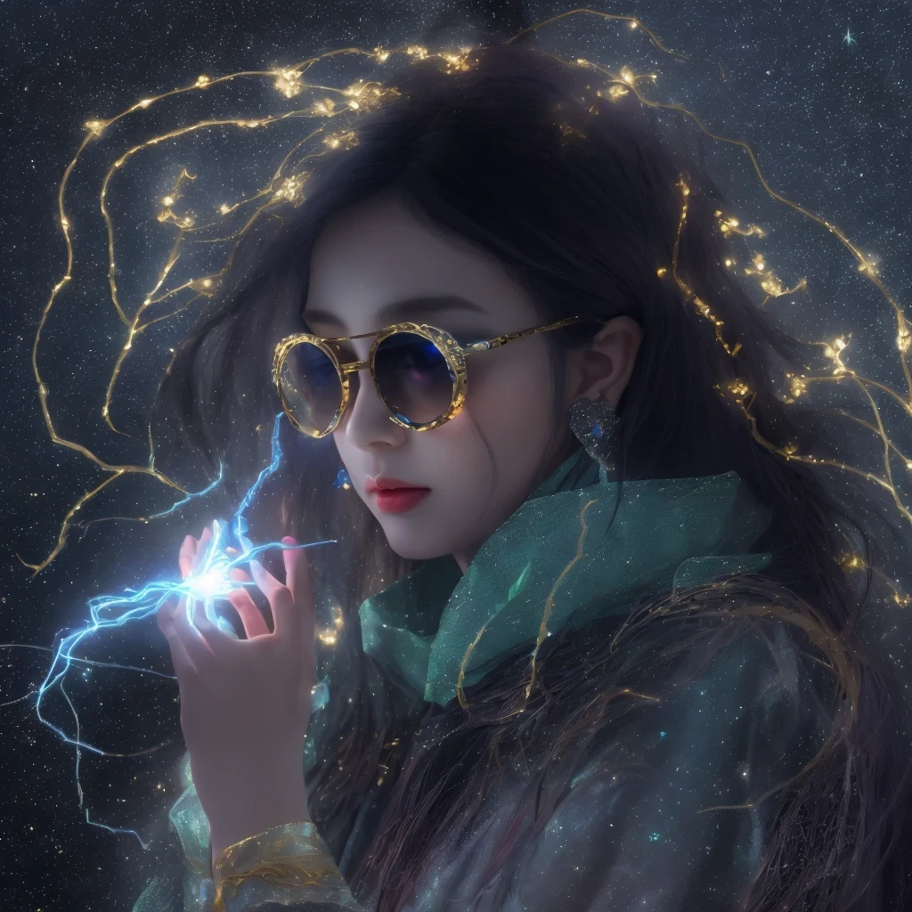 Asian fairy wearing silk hooded and glowing gloves，Lateral face，A collarless coat，Lightning hands，sunglasses，Cyberpunk smoke，（（（nmasterpiece））），（（（Side view））（Ultra-detailded）（illustration）（Detailed lighting）（（Telephoto Tilt-Shift））（nmasterpiece）（sunny day background）（Ultra-detailded）（photorealestic），（Detailed light），（（an extremely delicate and beautiful one），（（faerie）），（（lightning in hand）），Lightning surrounds the fairy，（（lightning chain）），Suspended crystals，There is lightning inside the crystal，