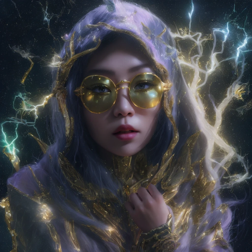 Asian fairy wearing silk hooded and glowing gloves，Lateral face，A collarless coat，Lightning hands，sunglasses，Cyberpunk smoke，（（（nmasterpiece））），（（（Side view））（Ultra-detailded）（illustration）（Detailed lighting）（（Telephoto Tilt-Shift））（nmasterpiece）（sunny day background）（Ultra-detailded）（photorealestic），（Detailed light），（（an extremely delicate and beautiful one），（（faerie）），（（lightning in hand）），Lightning surrounds the fairy，（（lightning chain）），Suspended crystals，There is lightning inside the crystal，