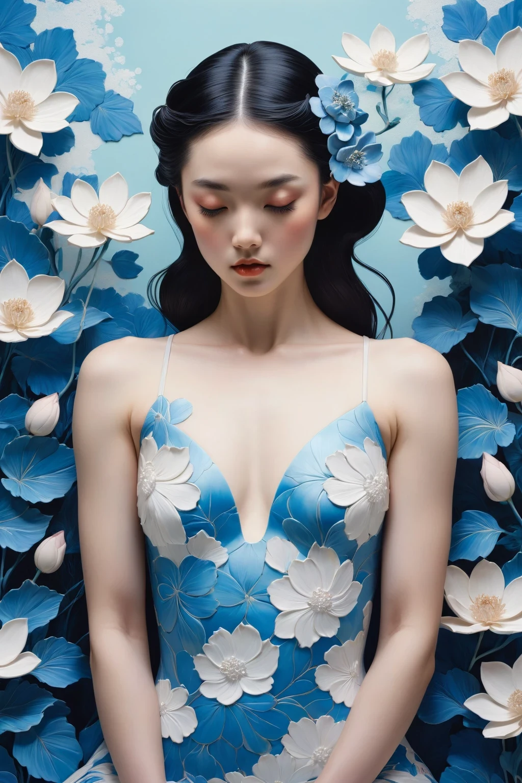 chiaroscuro technique on sensual illustration of an gymer , retro and vintage ,silky flower around body, matte painting, by Hannah Dale, by Harumi Hironaka, extremely soft colors, Blue and white porcelain,Ceramic material,femele,Embossed petals,artwork of a,Long hair, circle eyes, shadowing, anaglyph, stereograms, angle of view, Atmospheric perspective, 8K, Super detail, ccurate, Best quality