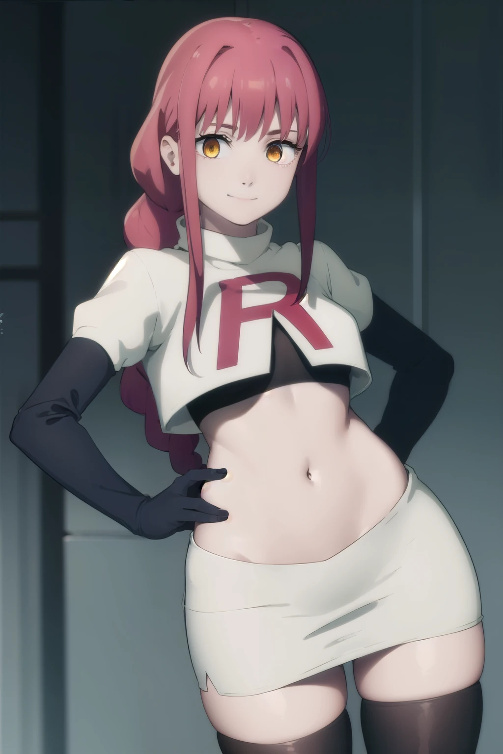 makima, makima, long hair, smile, bangs, small breasts, (yellow eyes:1.2), braid, red hair, braided ponytail, ringed eyes, 
BREAK team rocket,team rocket uniform,white skirt,red letter R,crop top,black thigh-highs,black elbow gloves,
BREAK looking at viewer,
BREAK (masterpiece:1.2), best quality, high resolution, unity 8k wallpaper, (illustration:0.8), (beautiful detailed eyes:1.6), extremely detailed face, perfect lighting, extremely detailed CG, (perfect hands, perfect anatomy),