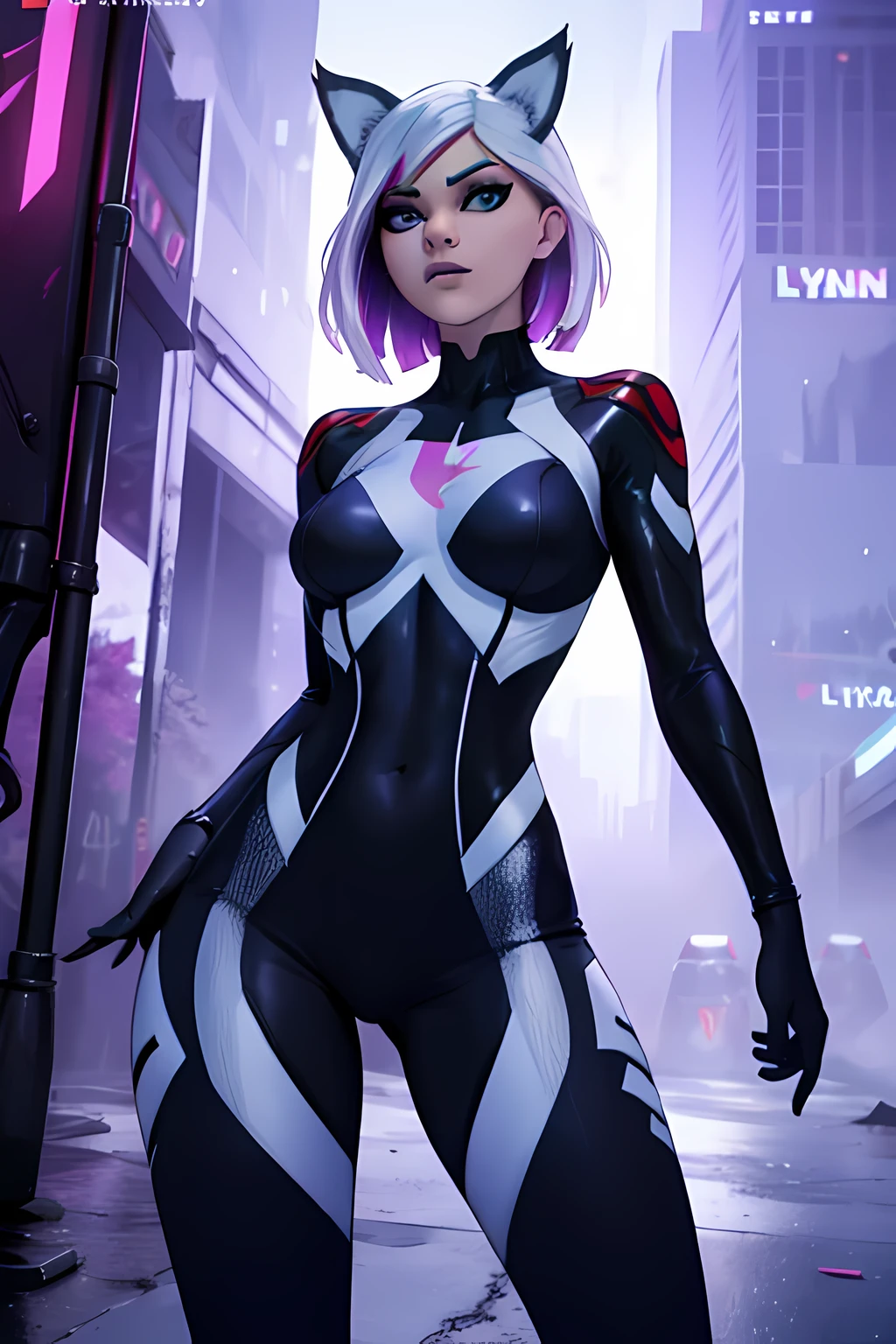  lynx traje de spider Gwen , Blanco y negro, pose heroico , leggins Blanco y negro Cyberpunk, Noche