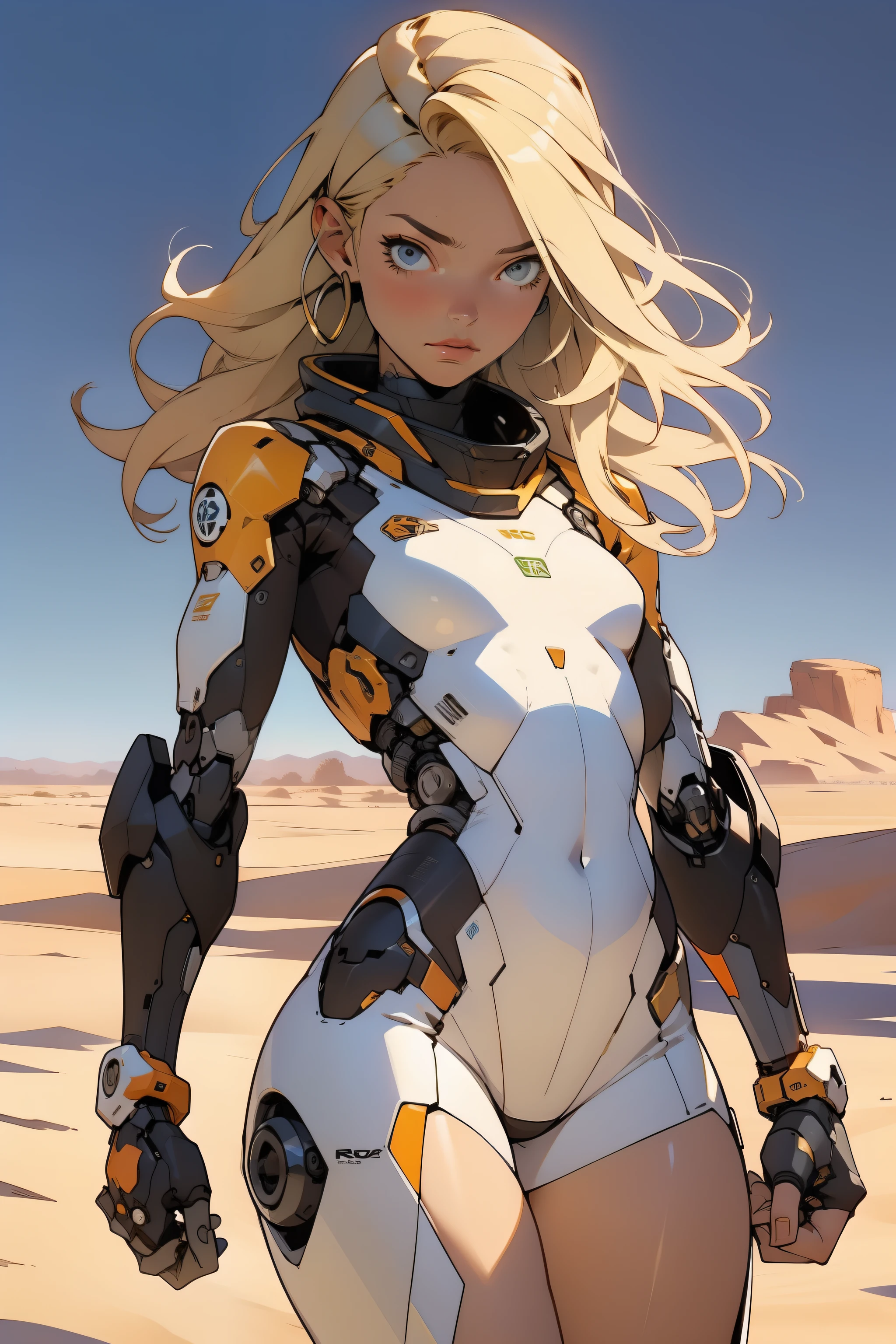 high quality, 4k, masterpiece, beautiful, cyborg girl, cowboy shot, dull eyes, front, looking at viewer, long blonde hair, girl, small breasts, fit thighs, robotic arms, robotic body, cyborg body, white & yellow uniform, orange accent, intricate detail, joint, detailed lines, robotic detail, holding fist up, holding hand up as fist, color robotic parts, robotic parts with color, perfect fingers, on a desert planet, sunny background, colorful desert, a river or a lake in the background, slender thighs, skinny thighs,