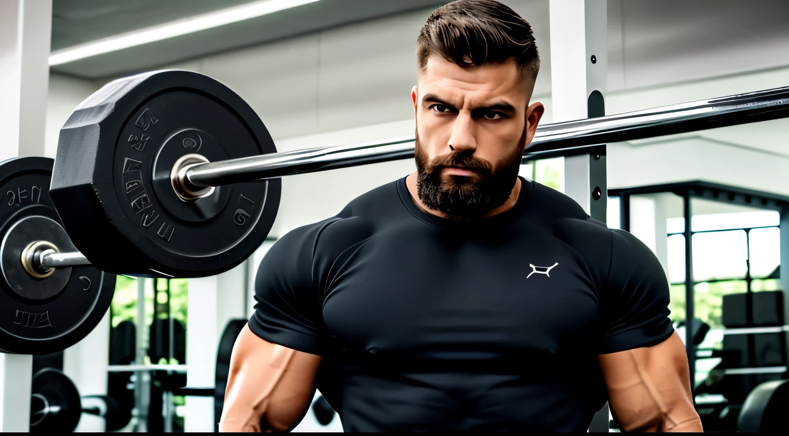 Muscular man Bearded Intimidating wearing a sweatshirt Black clothes Gym