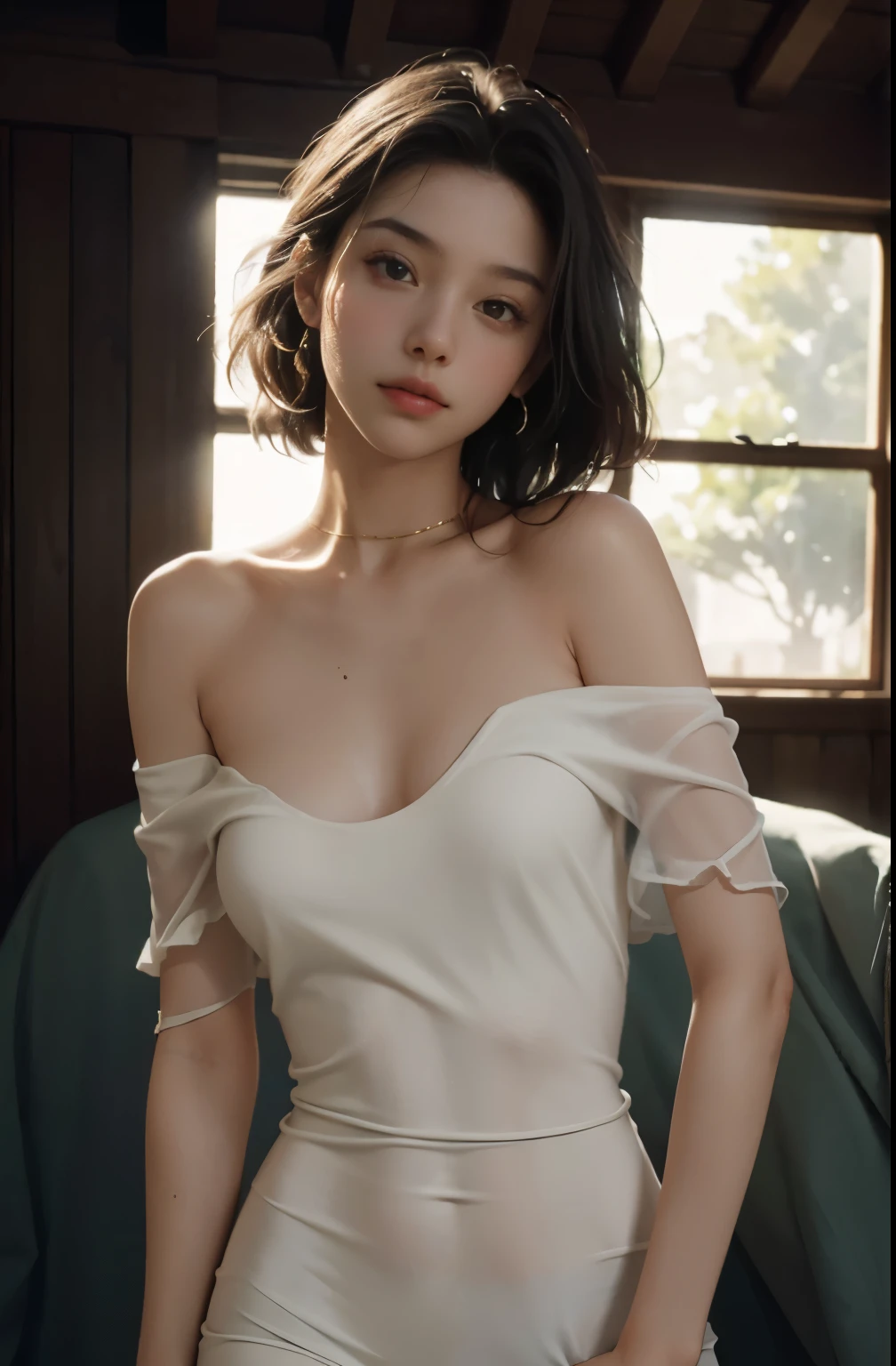 Best quality, masterpiece, ultra high resolution, (photorealistic: 1.4), raw photo, 1girl,
An exquisitely captured image of a young woman, embodying ethereal beauty,
With an off-shoulder top revealing a slender, delicate neckline,
The radius of the golden ratio perfectly aligned,
Intricately detailed, every curve and shade meticulously rendered in 1.4K resolution,
Raw, untouched authenticity preserving the image's raw texture and inherent essence,
A single girl, bathed in diffused sunlight, her charming features radiantly displayed,
The softness of the fabric,