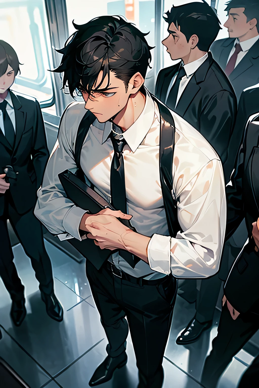 handsome manly short black hair caucasian male in sweat-drenched, soaking wet, drenched with sweat, open white long-sleeved shirt with necktie, black pants, black leather shoes, holding a heavy briefcase on the right hand, sweating profusely, tired, standing inside the train, the train is crowded with people and passengers