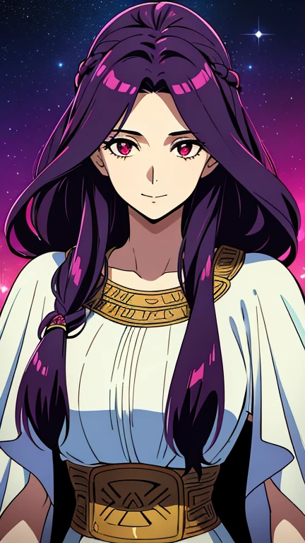 (high-quality, breathtaking),(expressive eyes, perfect face) 1female, female, solo, adult, long length hair, black hair color, multicolored hair, purple hair streaks, glowing hair, white strands in hair, unkept hair, pinky red eyes, positive expression, soft smile, cloak, shirt, fantasy mage clothing, adventurers attire, Aphrodite, space background, portrait, upper body, magic, elegant, stylized hairstyle, gorgeous flowy curly hair, mum vibe, age 50's, Greek Clothing
