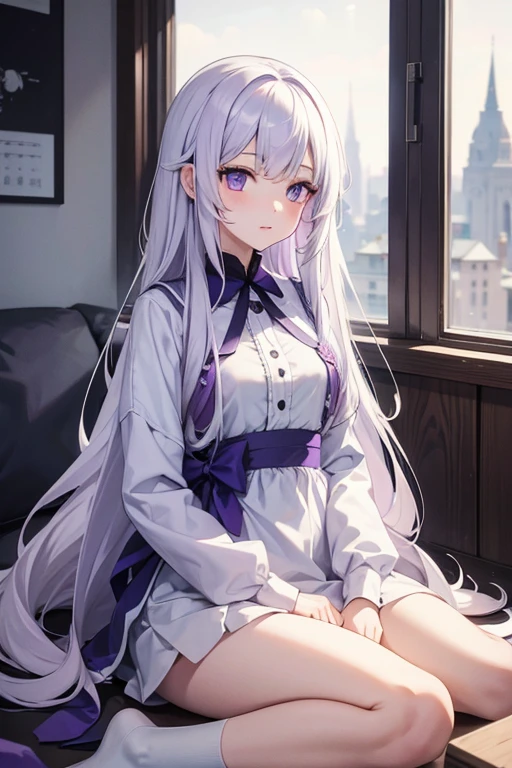 White long hair，Solitary, 1 girl，Light purple eyes，cute