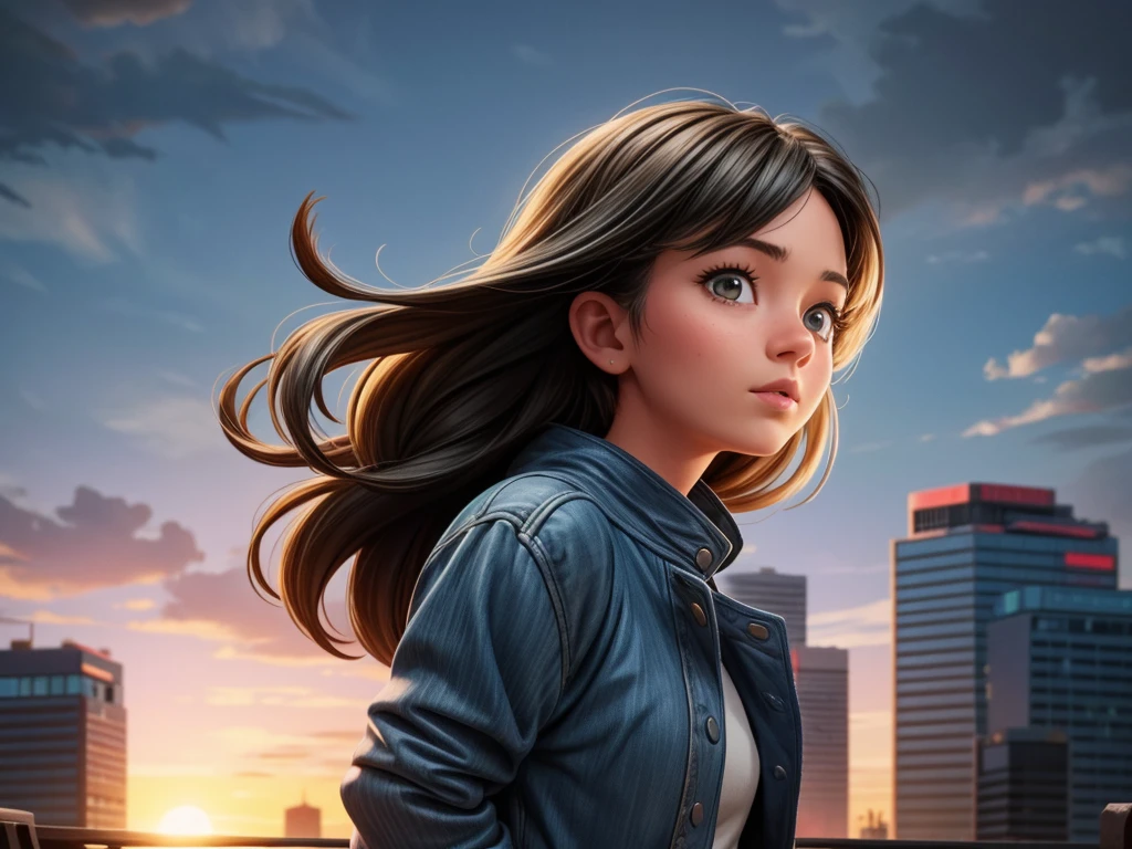 girl standing on the rooftop,overlooking the city from above,heightening the sense of fear,looking up from below,the beautiful sunset,best quality,4k,8k,highres,masterpiece:1.2,ultra-detailed,realistic:1.37,photography,vivid colors,concept artists,bokeh,warm color tones,dramatic lighting