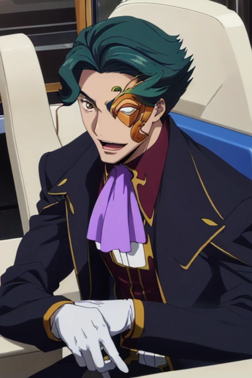 (masterpiece, best quality:1.2), highres, anime screencap, anime coloring, 1boy, male focus, solo, smile, open mouth, 
Jeremiah_Chugi_Wald, blue hair, green hair, short hair, brown eyes, (mask:1.1), 
formal, suit, jacket, long sleeves, ascot, white gloves, gloves, 
sitting, 
looking at viewer, upper body, chair, 
