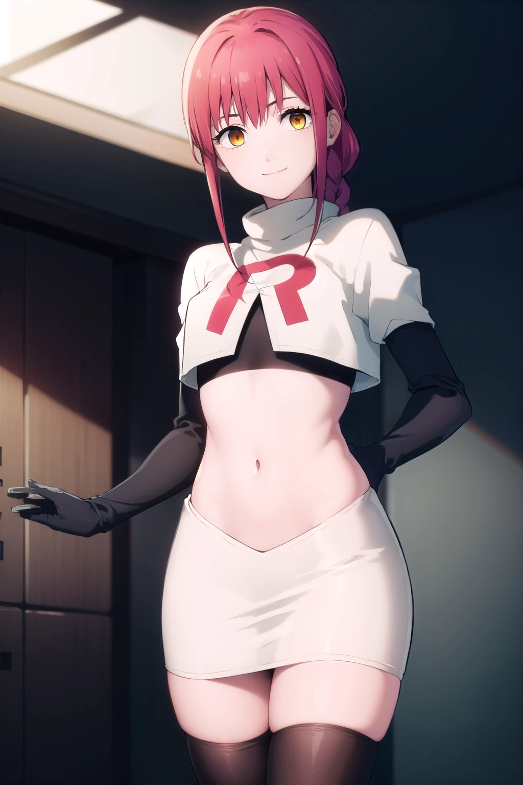 makima, makima, long hair, smile, bangs, small breasts, (yellow eyes:1.2), braid, red hair, braided ponytail, ringed eyes,
BREAK team rocket,team rocket uniform,white skirt,red letter R,crop top,black thigh-highs,black elbow gloves,
BREAK looking at viewer,
BREAK (masterpiece:1.2), best quality, high resolution, unity 8k wallpaper, (illustration:0.8), (beautiful detailed eyes:1.6), extremely detailed face, perfect lighting, extremely detailed CG, (perfect hands, perfect anatomy),