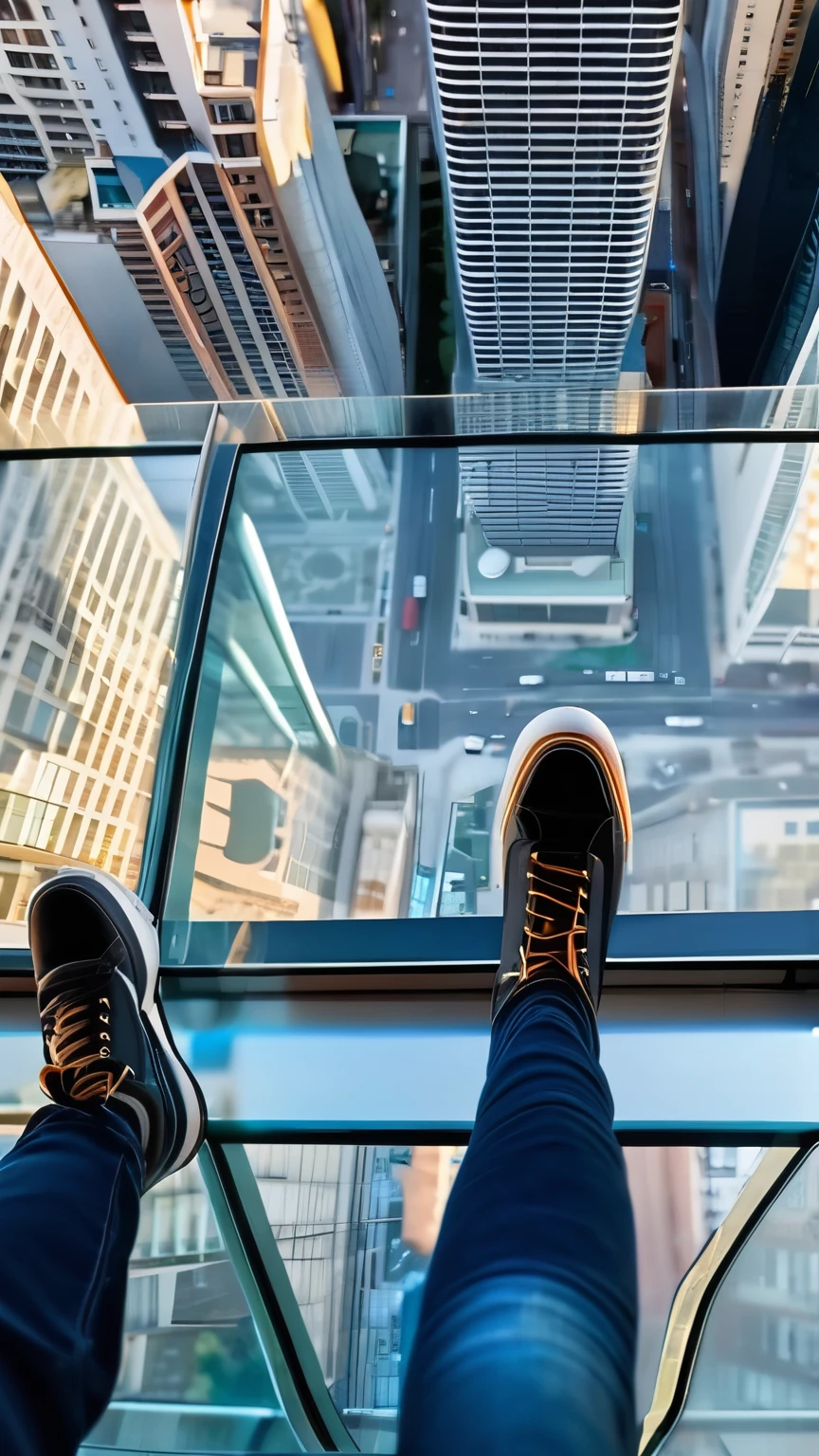 from above, best quality, standing on the rooftop, the edge of the roof of a skyscraper, the ground visible through a transparent glass floor, (magnificent view:1.5)