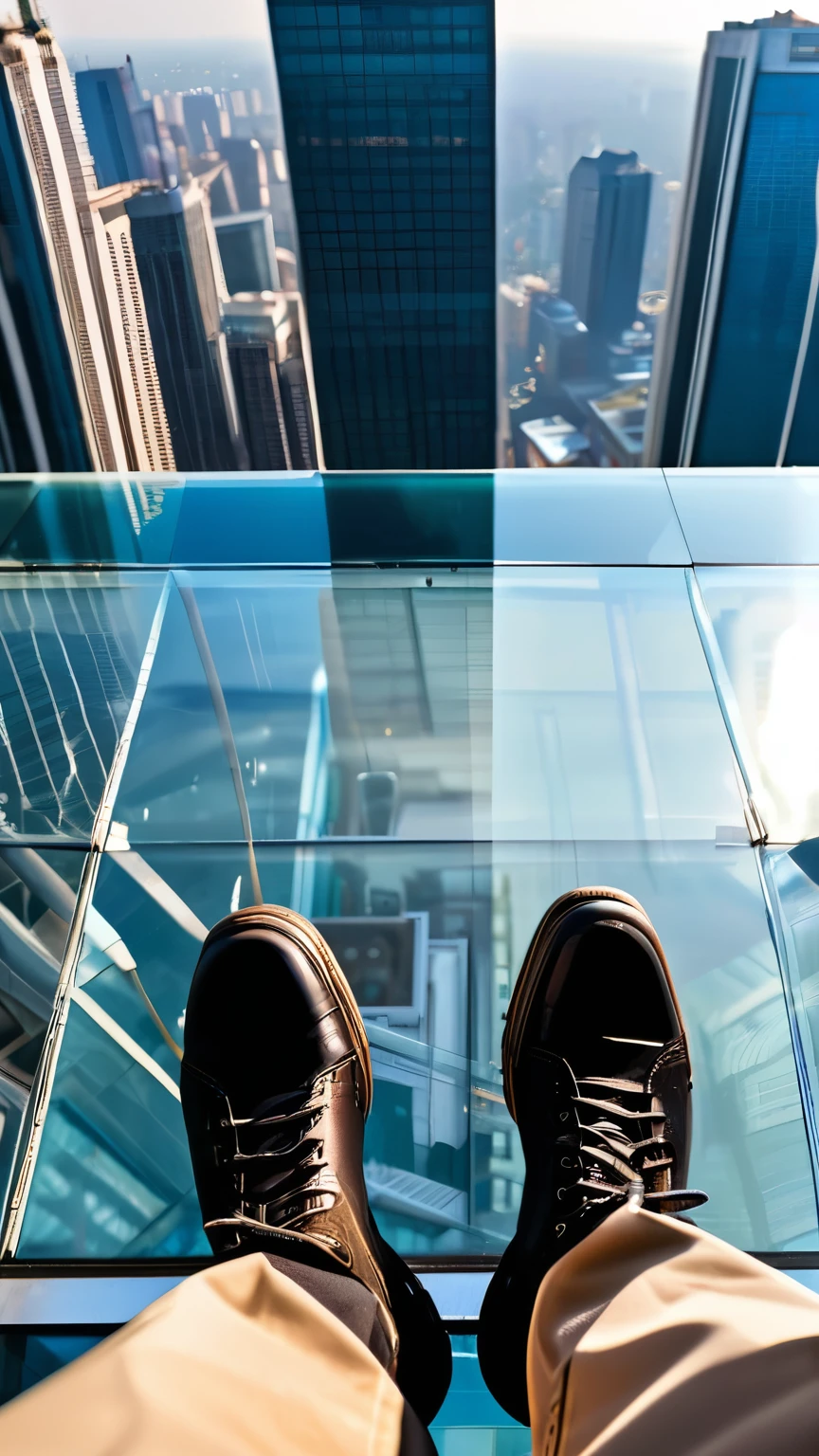 from above, best quality, standing on the rooftop, the edge of the roof of a skyscraper, the ground visible through a transparent glass floor, (magnificent view:1.5)