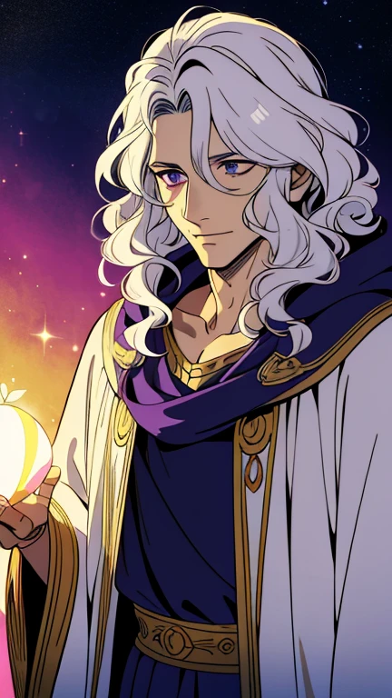 (high-quality, breathtaking),(expressive eyes, perfect face) 1male, male, solo, elderly adult, short length hair, black and white streaked hair, multicolored hair, white hair streaks, glowing hair, white strands in hair, unkept hair, pink purple eyes, positive expression, soft smile, cloak, shirt, fantasy mage clothing, adventurers attire, Venus, Venus Roman God of Love and Passion, space background, portrait, upper body, magic, elegant, stylized hairstyle, gorgeous flowy curly hair, grandfather vibe, age 70's, Greek Clothing
