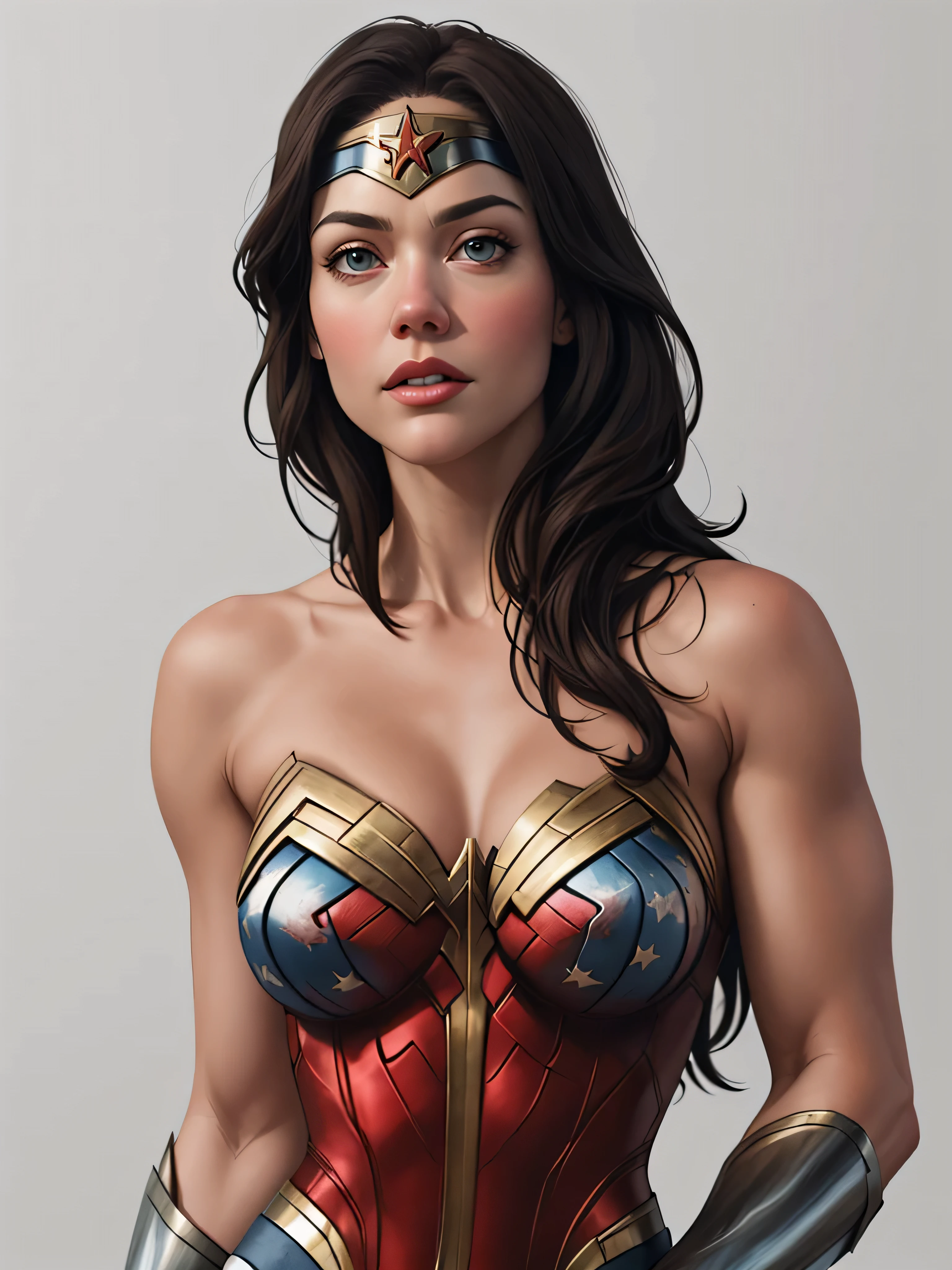 Elizabeth Winstead as Wonder Woman , white background , realistic character style , realistic art 