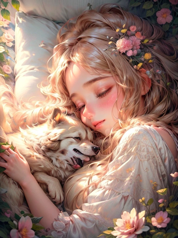 (best quality,4k,highres,ultra-detailed,masterpiece:1.2),beautiful detailed eyes,beautiful detailed lips,extremely detailed eyes and face,long eyelashes,girls sleeping soundly,Golden Retriever,soft and fluffy fur,happy and peaceful atmosphere,garden scenery,dreamy lighting,delicate illustrations,colorful flowers,blissful dreams,gentle breeze,serene atmosphere