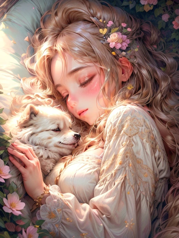 (best quality,4k,highres,ultra-detailed,masterpiece:1.2),beautiful detailed eyes,beautiful detailed lips,extremely detailed eyes and face,long eyelashes,girls sleeping soundly,Golden Retriever,soft and fluffy fur,happy and peaceful atmosphere,garden scenery,dreamy lighting,delicate illustrations,colorful flowers,blissful dreams,gentle breeze,serene atmosphere