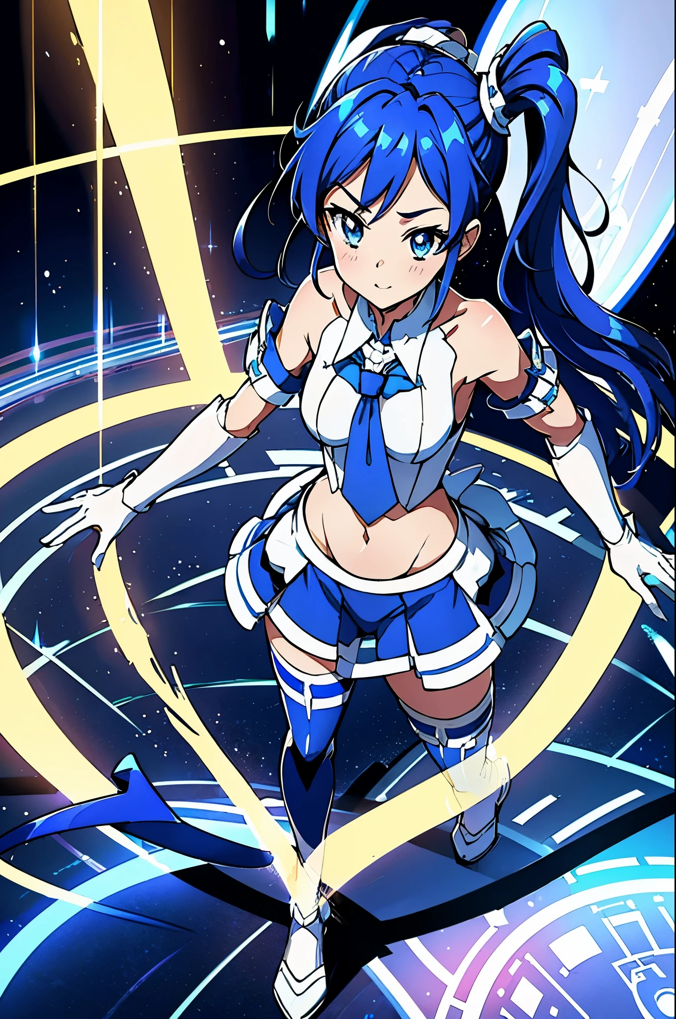 ,aikatsu,1 girls,in senki zesshou symphogear style , Blue long hair,Side Pony tail,Blue and White battle suit,BREAK,ultra-definition, high resolution, ultra-detail CG,caustics, Live stage, in front of super large vision, singing, stand microphone ,