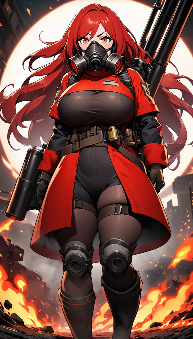 team fortress 2 Pyro Super big breasts long red hair red protective clothing gas mask Flamethrower full-body shot