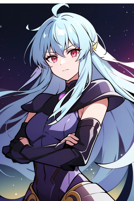 (high-quality, breathtaking),(expressive eyes, perfect face), 1girl, female, solo, half body, armor, dark onyx purple armor, saint seiya armor, spectre armor, fantasy armor, light cyan blue hair, long hair, red eyes, ( watercolor \(medium\), night sky background, ice, small smile, zoom out