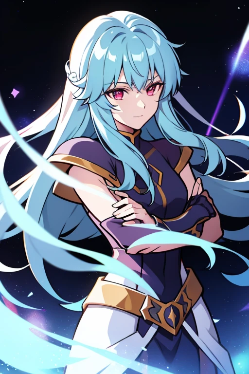 (high-quality, breathtaking),(expressive eyes, perfect face), 1girl, female, solo, half body, armor, dark onyx purple armor, saint seiya armor, spectre armor, fantasy armor, light cyan blue hair, long hair, red eyes, ( watercolor \(medium\), night sky background, ice, small smile, zoom out