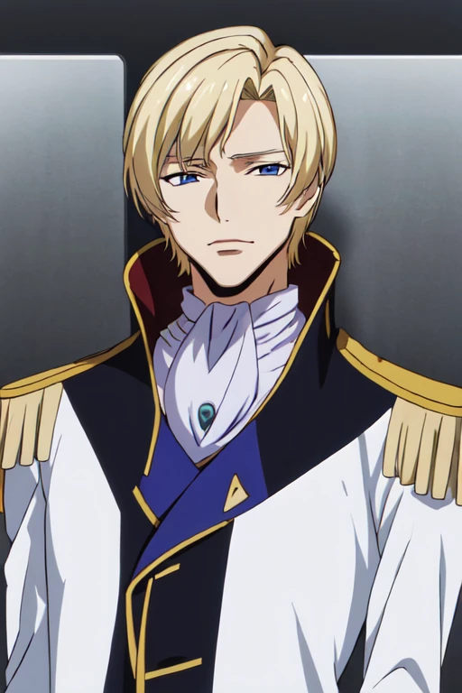 (masterpiece, best quality:1.2), highres, anime screencap, anime coloring, 1boy, solo, male focus,
Schneizel_ELB_V1, mature male, blonde hair, short hair, bangs, blue eyes, (small eyes:1.2),
military, military uniform, ascot, brooch, epaulettes,
looking at viewer, facing viewer, portrait,