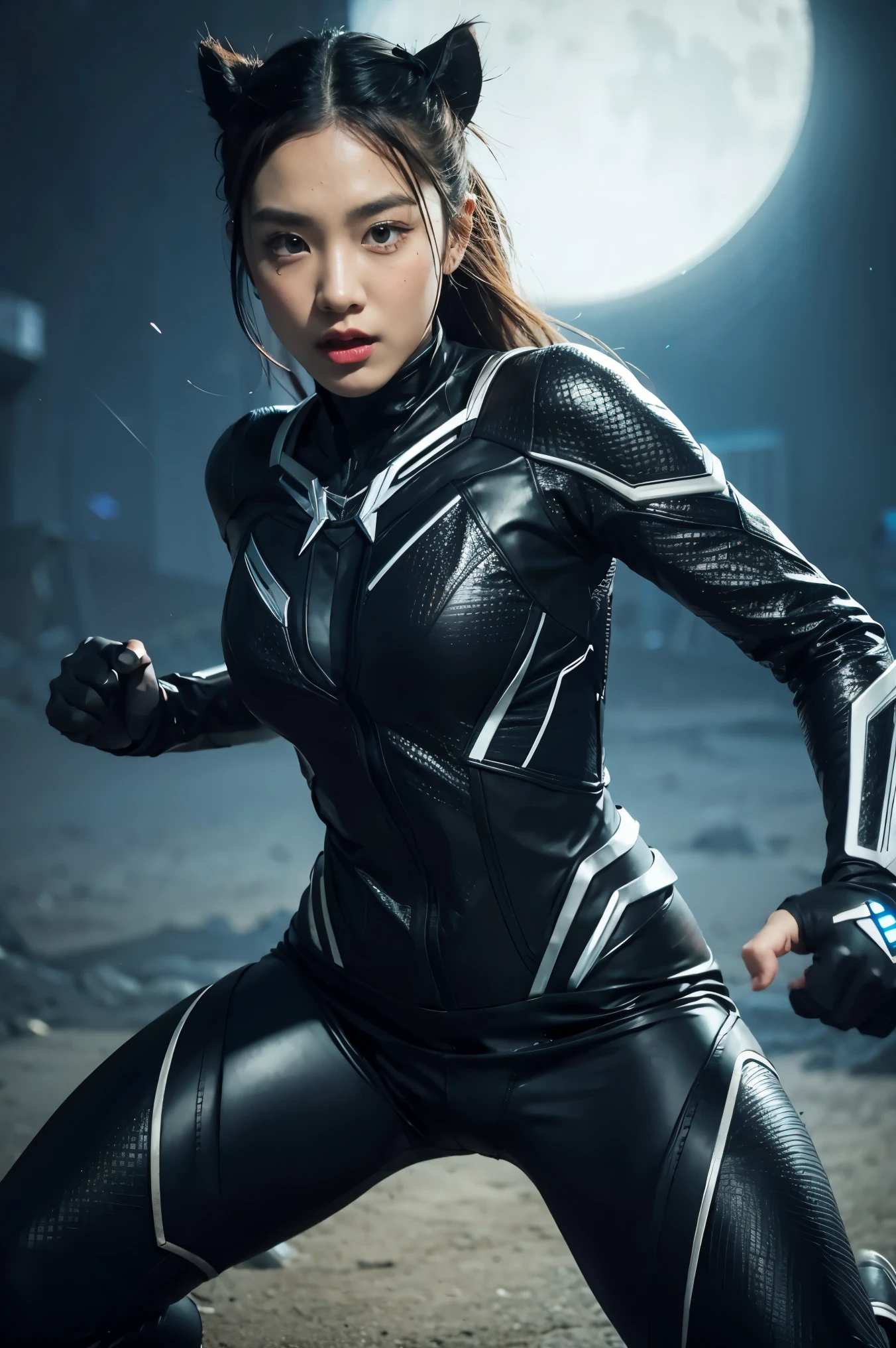 (best quality,highres:1.2), realistic, vibrant colors, detailed face and expression, fierce gaze, powerful stance, , glowing vibranium claws, night scene, strong lighting, superhero, action-packed, dynamic pose, 1 girl, Black panther suit,