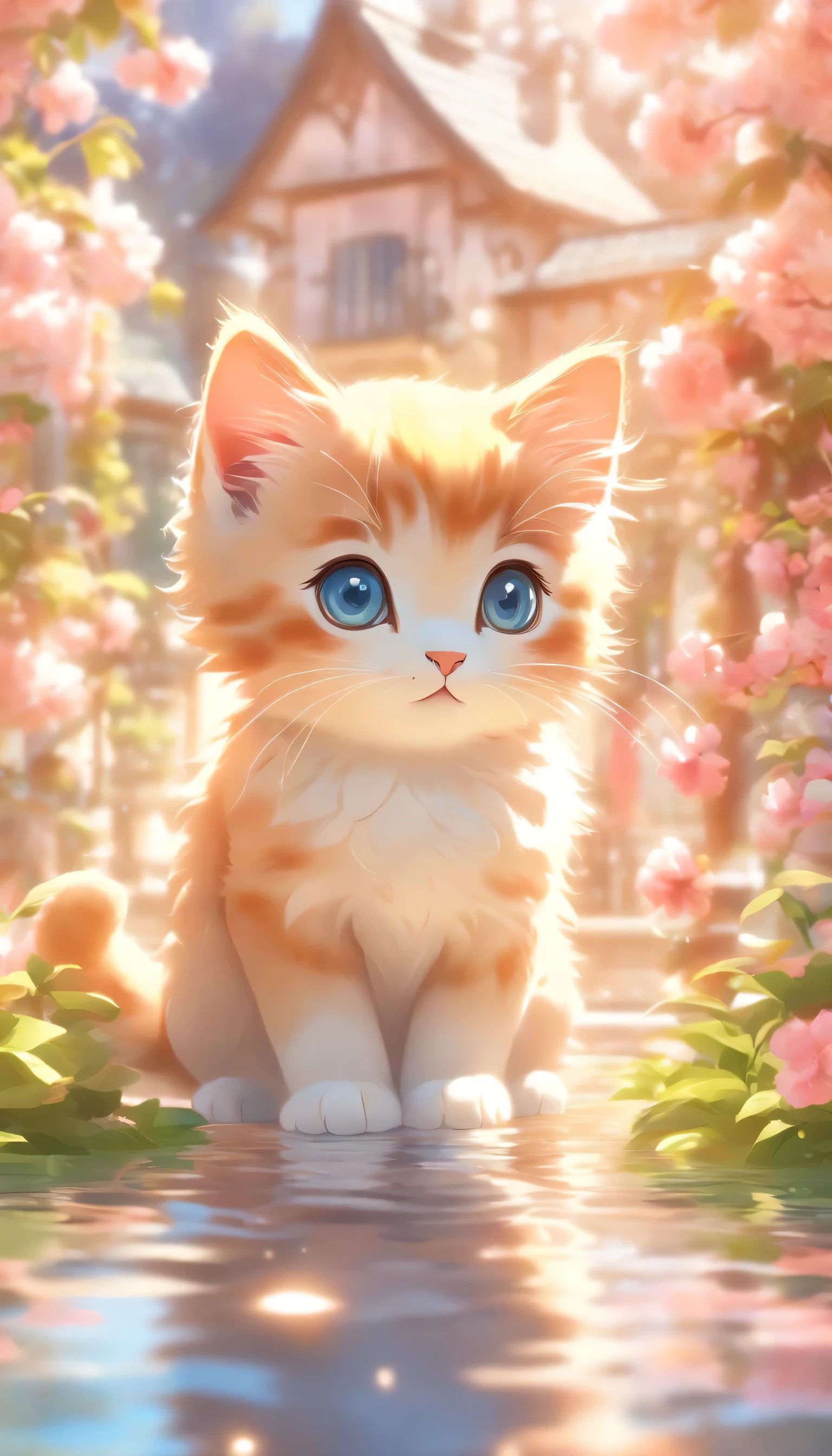 Momoko Sakura style, cute kitten with round eyes, garden fountain, , Distant Houses, mirror effect