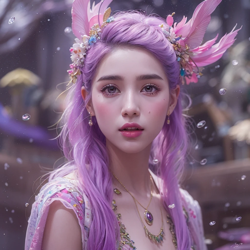 Snow hoop exclusion area 32K(tmasterpiece,k hd,hyper HD,32K)Long flowing purple-pink hair,Autumn Pond,zydink, a color, Tongzhou people (Girl with glowing eyes), (Thin silk scarf), Side squat position, looking at the ground, long whitr hair, Floating hair, Python headdress, Chinese long-sleeved clothing, (abstract ink splash:1.2), white backgrounid,Lotus protector(realisticlying:1.4),Purple-pink hair,Snowflakes fluttering,The background is pure, A high resolution, the detail, RAW photogr, Sharp Re, Nikon D850 Film Stock Photo by Jefferies Lee 4 Kodak Portra 400 Camera F1.6 shots, Rich colors, ultra-realistic vivid textures, Dramatic lighting, Unreal Engine Art Station Trend, cinestir 800,Long flowing purple-pink hair,((masterpiece)). This artwork is sweet, dreamy and ethereal, with soft pink watercolor hues and candy accents. Generate a delicate and demure fae exploring a (bubblegum world with a wide variety of pastel shades). Her sweet face is extremely detailed and realistic with elegant features and a fierce expression, and looks like ((((naomi scott)))). Include mature features and stunning, highly realistic eyes. Her eyes are important and should be realistic, highly detailed, and beautiful. In high definition and detail, include lots of details like stars, galaxies, colorful bubbles, colorful petals, and lots of energy and emotion! The stars and colorful bubblegum bubbles are important! Include fantasy details, enhanced details, iridescence, colorful glittering wind, and pollen. Pay special attention to her face and make sure it is beautifully and realistically detailed. The image should be dreamy and ethereal.8k, intricate, elegant, highly detailed, majestic, digital photography