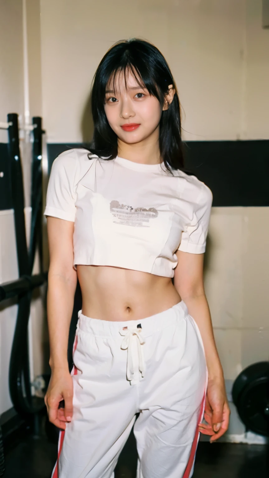 Jennie Kim with a white sodden gym outfit, wet white shirt, realistic, 4k realistic, soft lighting, detailed, Full hd reali