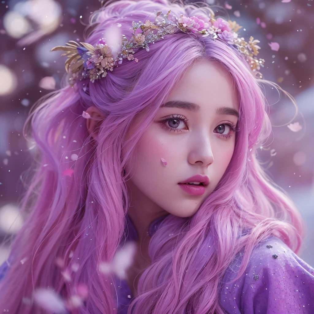 Snow hoop exclusion area 32K(tmasterpiece,k hd,hyper HD,32K)Long flowing purple-pink hair,Autumn Pond,zydink, a color, Tongzhou people (Girl with glowing eyes), (Thin silk scarf), Side squat position, looking at the ground, long whitr hair, Floating hair, Python headdress, Chinese long-sleeved clothing, (abstract ink splash:1.2), white backgrounid,Lotus protector(realisticlying:1.4),Purple-pink hair,Snowflakes fluttering,The background is pure, A high resolution, the detail, RAW photogr, Sharp Re, Nikon D850 Film Stock Photo by Jefferies Lee 4 Kodak Portra 400 Camera F1.6 shots, Rich colors, ultra-realistic vivid textures, Dramatic lighting, Unreal Engine Art Station Trend, cinestir 800,Long flowing purple-pink hair,((masterpiece)). This artwork is sweet, dreamy and ethereal, with soft pink watercolor hues and candy accents. Generate a delicate and demure fae exploring a (bubblegum world with a wide variety of pastel shades). Her sweet face is extremely detailed and realistic with elegant features and a fierce expression, and looks like ((((naomi scott)))). Include mature features and stunning, highly realistic eyes. Her eyes are important and should be realistic, highly detailed, and beautiful. In high definition and detail, include lots of details like stars, galaxies, colorful bubbles, colorful petals, and lots of energy and emotion! The stars and colorful bubblegum bubbles are important! Include fantasy details, enhanced details, iridescence, colorful glittering wind, and pollen. Pay special attention to her face and make sure it is beautifully and realistically detailed. The image should be dreamy and ethereal.8k, intricate, elegant, highly detailed, majestic, digital photography