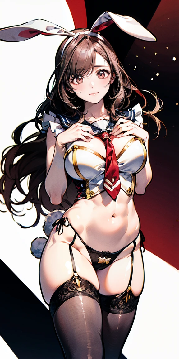 ((((Perfect Anatomy, Highly detailed skin)))), 1 girl, Kogane Tsukioka, B93, Japanese, 19 years old, Shiny skin, big breasts:0.5, look at the scenery,
((highest quality,8k,T masterpiece:1.3)), Sharp focus on the chest:1.2, Pretty woman with perfect figure:1.4, (((big breastsの谷間))), (信じられないほどbig breasts:1.5), Straight hair、Hair blowing in the wind, (Big Hips), smile, Thin abdominal muscles:1.2, ((Beautiful brown hair,:1.4)),
Highly detailed face and skin texture,detailed eyes,double eyelid、/ Reverse Bunny, Reverse Bunny Suit, Her breasts are exposed, pubic hair, Female organ, (Sailor collar:1.2),
(Red tie:1.3), (fake animal ears), (Garter Stockings:1.2), High heels, (Rabbit_tail:1.2),