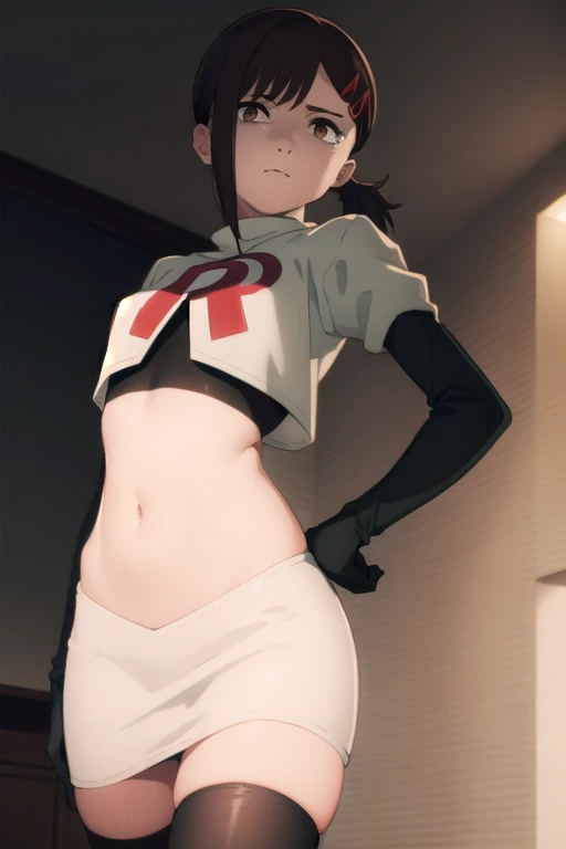 kobenihigashiyama, kobeni higashiyama, black hair, hair ornament, hairclip, mole, mole under eye, ponytail, short hair, (brown eyes:1.5),
BREAK team rocket,team rocket uniform,white skirt,red letter R,crop top,black thigh-highs,black elbow gloves,
BREAK looking at viewer,
BREAK (masterpiece:1.2), best quality, high resolution, unity 8k wallpaper, (illustration:0.8), (beautiful detailed eyes:1.6), extremely detailed face, perfect lighting, extremely detailed CG, (perfect hands, perfect anatomy),