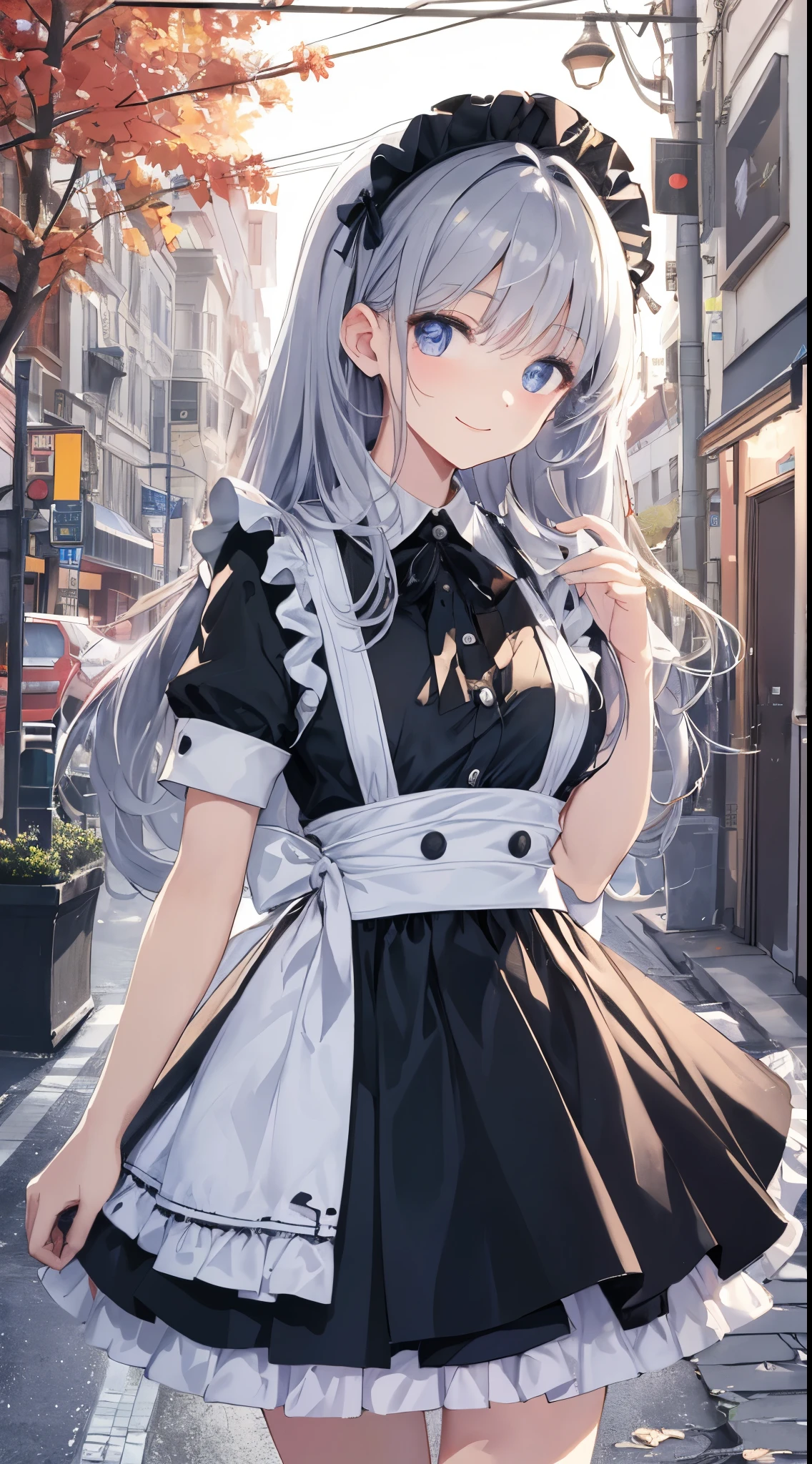 ​masterpiece、ultra-quality、An ultra-high picture quality、Detailed and delicate depiction、Maid：Cute、Has adorable outstanding looks。Has smooth hair、Her eyes are red and clear、Mote gesture、She's making a turn。Have a bright smile、The uniform is a classic maid outfit of black and white, with a long skirt and ankle-length、The apron looks white and neat.、The skirt is fluffy up on the turn。Background with：The scenery of the city is stylish and calm.、It has a bright, clean and fashionable atmosphere
