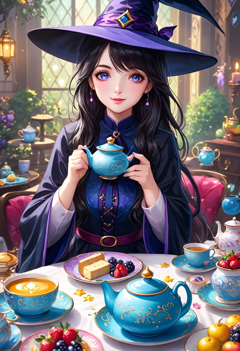 masterpiece, highest quality, magic使いのティーパーティー, magic tea party, magic, Little, handsome witch, Highly detailed realistic eyes, Happy, Vibrant, colorful,