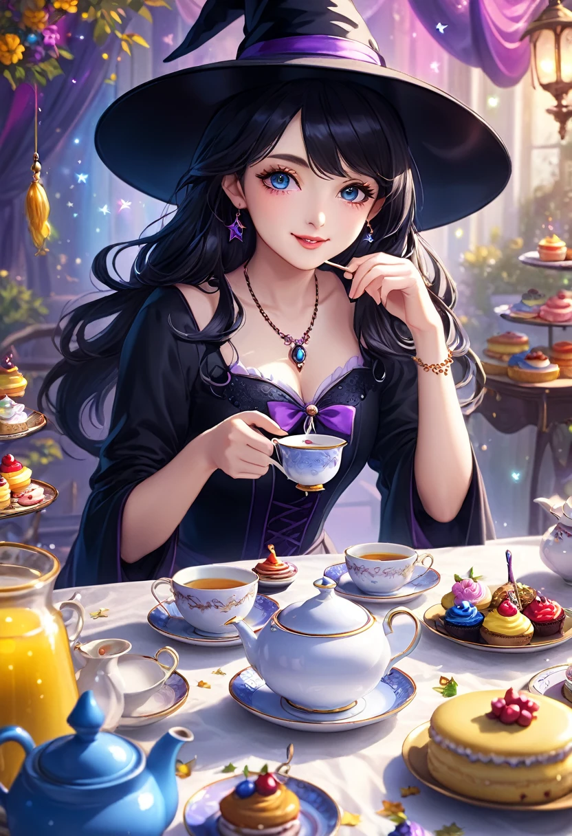 masterpiece, highest quality, magic使いのティーパーティー, magic tea party, magic, Little, handsome witch, Highly detailed realistic eyes, Happy, Vibrant, colorful,