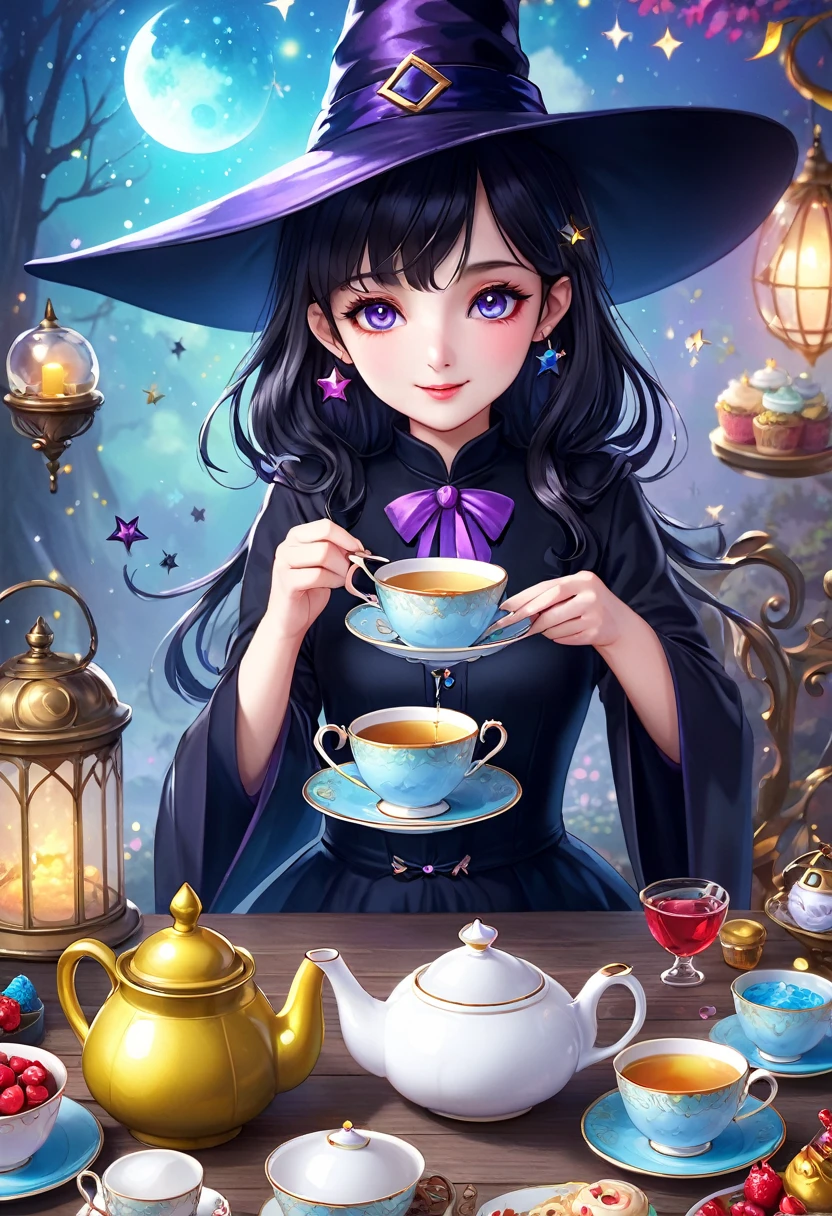 masterpiece, highest quality, magic使いのティーパーティー, magic tea party, magic, Little, handsome witch, Highly detailed realistic eyes, Happy, Vibrant, colorful,