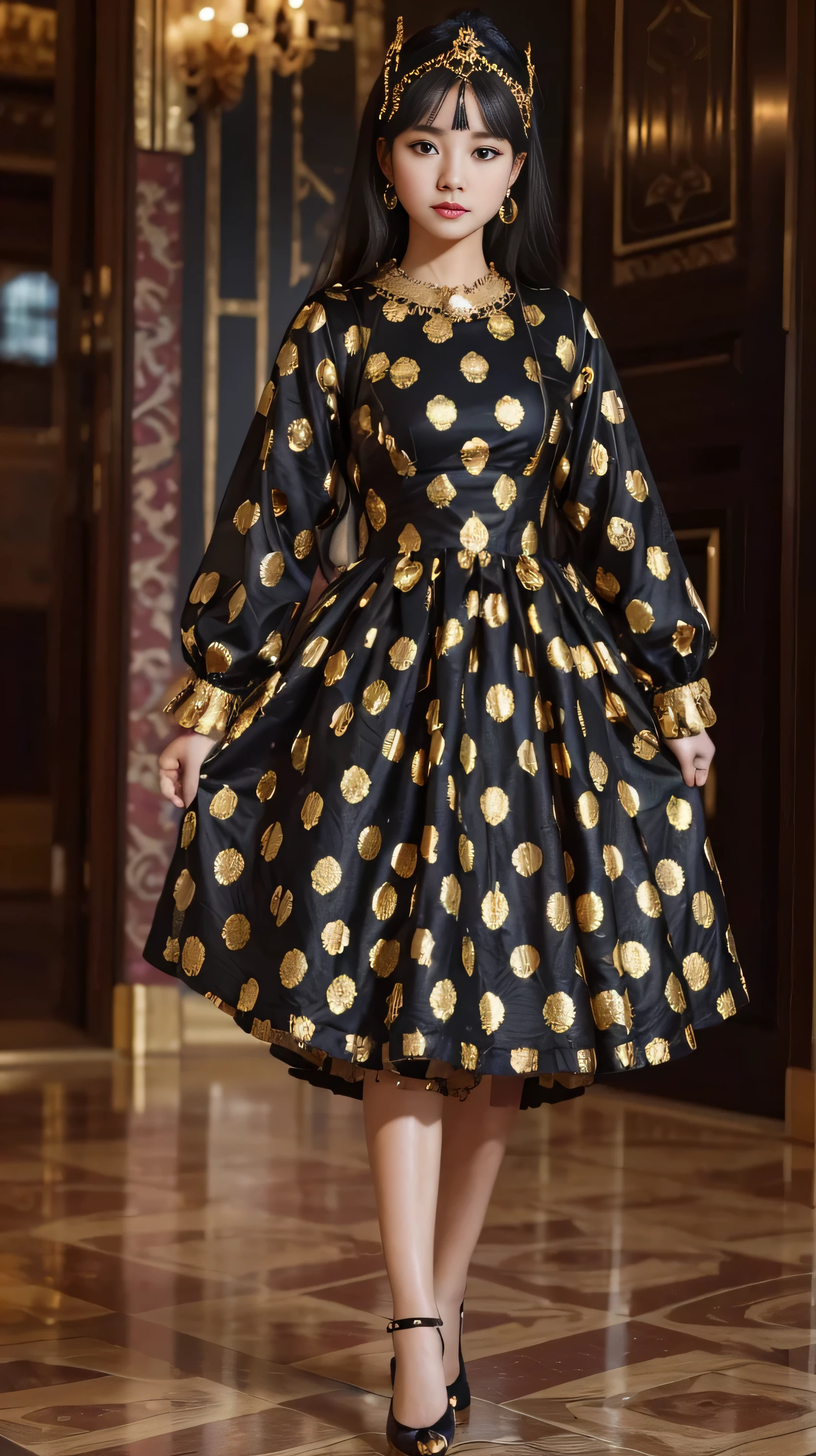 a close up of a young girl in a dress and headpiece, golden and black dress, idian dress, stylish dress, frock, full covered dress, black and gold colors, royal brocade dress, very beautiful enga style, ornate frilly dress, gold black, black and gold rich color, elegant girl, polka dot, magical dress, baroque dress