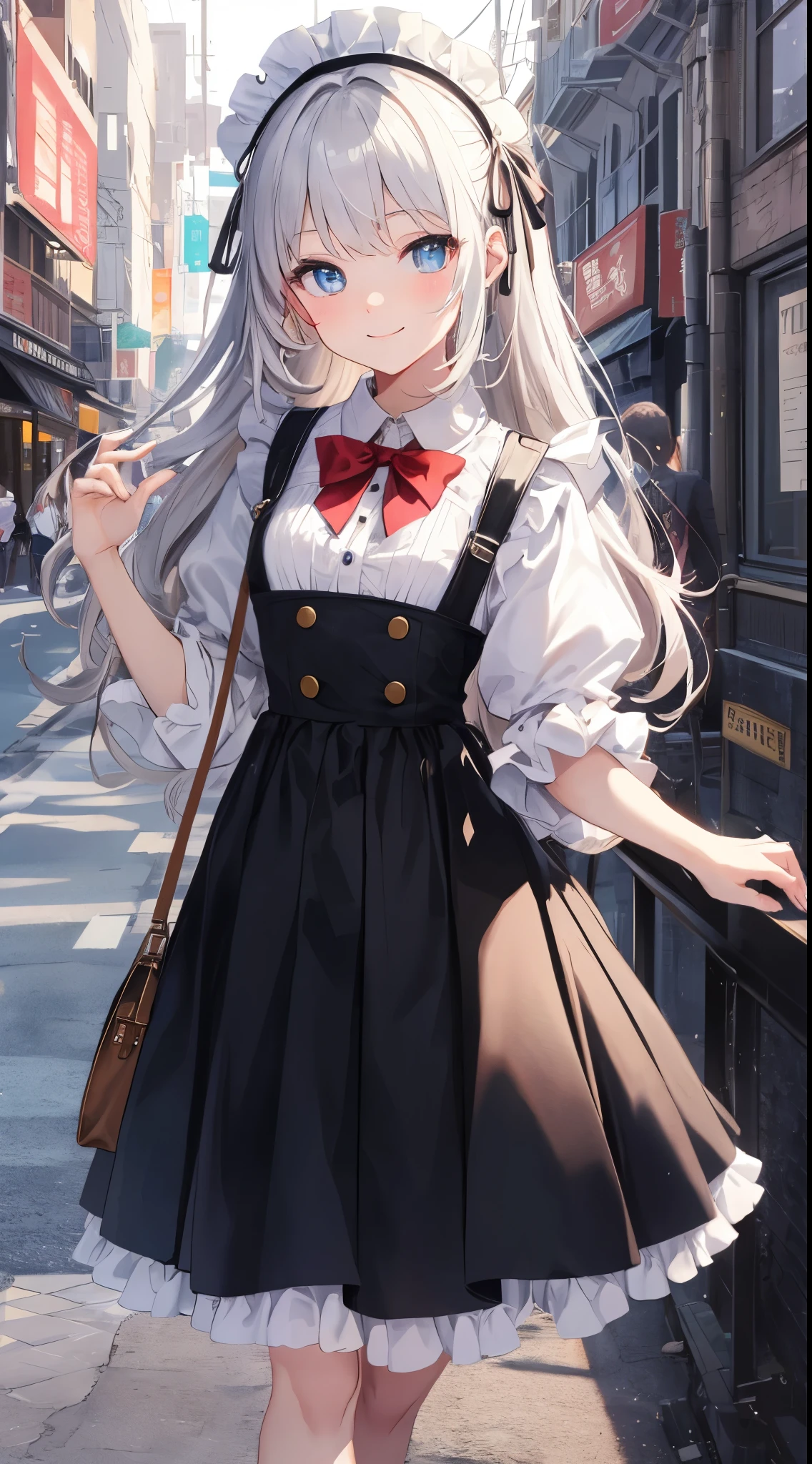 ​masterpiece、ultra-quality、An ultra-high picture quality、Detailed and delicate depiction、Maid：Cute、Has adorable outstanding looks。Has smooth hair、Her eyes are red and clear、Mote gesture、She's making a turn。Have a bright smile、The uniform is a classic maid outfit of black and white, with a long skirt and ankle-length、The apron looks white and neat.、The skirt is fluffy up on the turn。Background with：The scenery of the city is stylish and calm.、It has a bright, clean and fashionable atmosphere