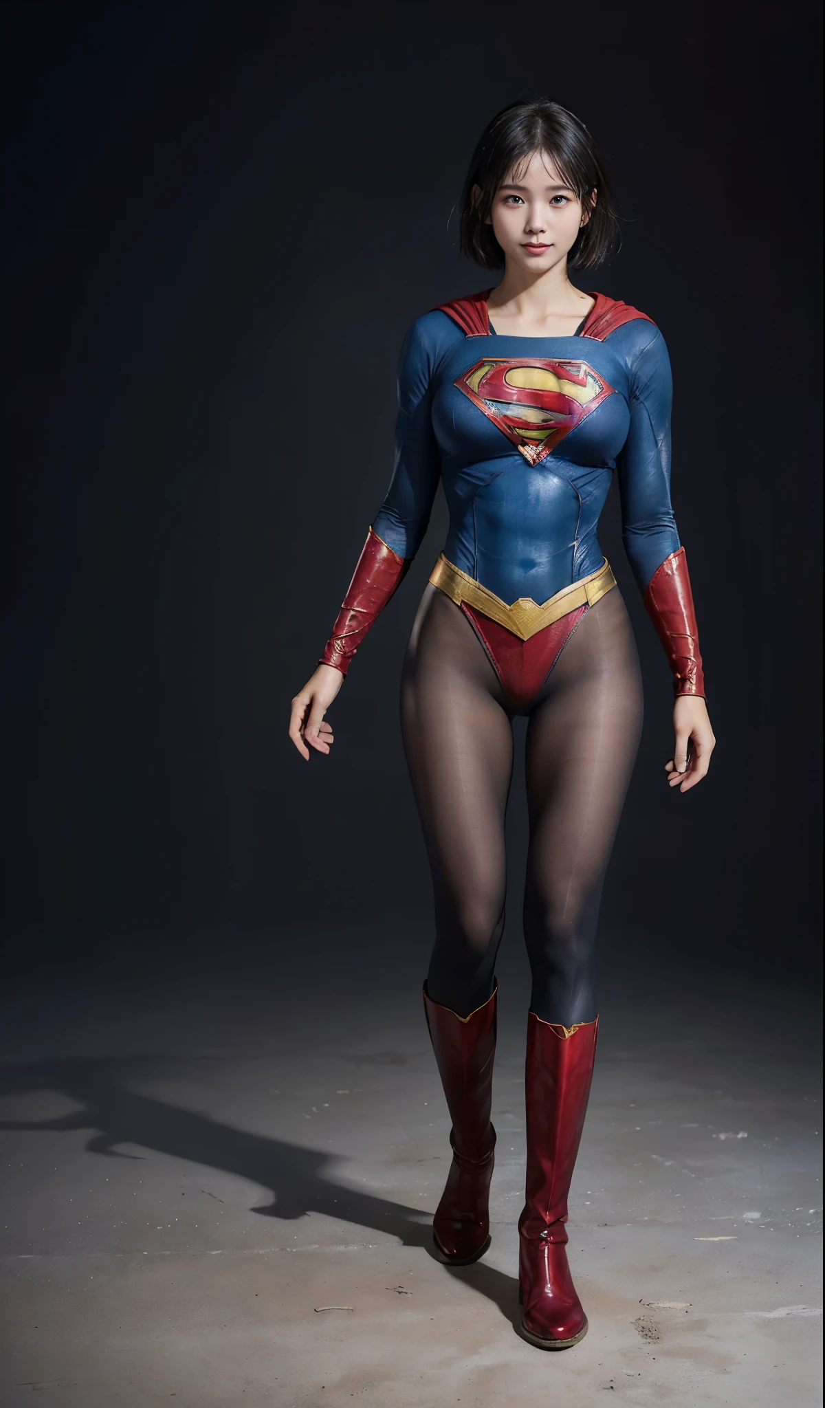 No background、(((Beautiful legs in black tights.)))、(((Legally express the beauty of your smile)))、((((Make the most of your original images)))、(((Supergirl Costume)))、(((beautiful short bob hair)))、(((suffering)))、(((Please wear black tights....、Wear red boots)))、((Best image quality、8K))、((highest quality、8K、masterpiece:1.3))、(((keep background )))、Sharp focus:1.2、Beautiful woman with perfect figure:1.4、Thin abdominal muscles:1.2、Wet body:1.5、Highly detailed face and skin texture、8K