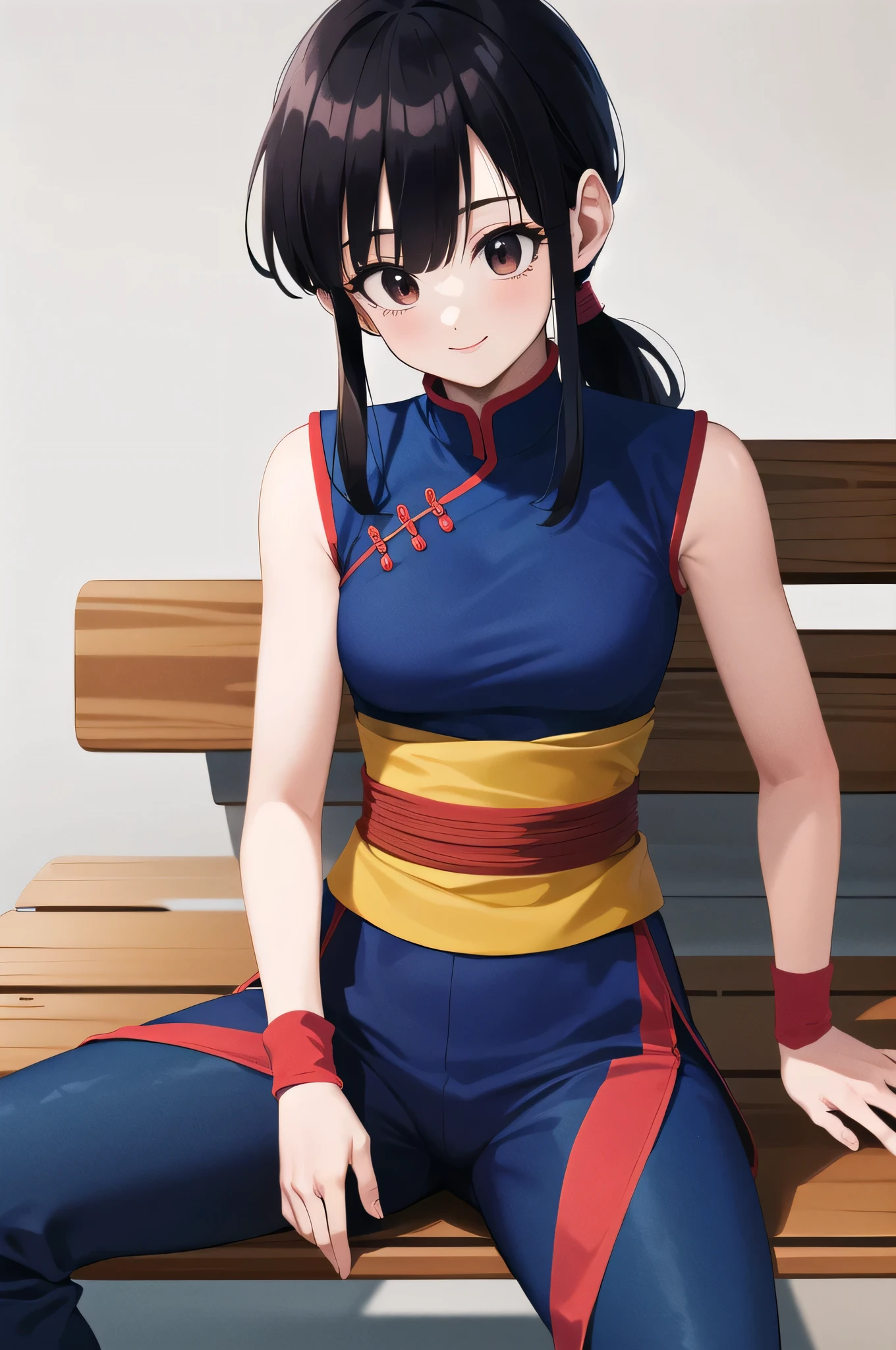 masterpiece, highest quality, High resolution, Dragon Ball, Pochichi, (Low Ponytail:1.1), Iris, Chinese clothing, Blue clothes, No sleeve, Wristband, sash, Sitting, bench, smile, White background