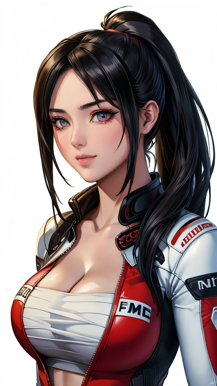 red eyes, (highest quality, masterpiece painting:1.3), immature woman, , (half body shot), masterpiece, ultra high resolution, (Photoreal:1.0), black hair, ponytail, straight hair, beautiful shining hair, white and shining skin, ((Ultra realistic details)), octane rendering, highly detailed face, (big breasts:0.8), complete pilotsuit, adjusted pilotsuit, (red pilotsuit),cleavage, perfect body, soft skin, anime face, perfect face, perfect eyes, looking at the viewer, smart, (pure white background:1.4), sharp focus, intricate details, professional artwork, (bright colors:1.1), bright colors, diffused lighting, digital blending, ultra-definition body, ultra detail hair, super detailed face, that&#39;It&#39;s trending on pixiv, top button open, Cute gaze, compensate, perfect lips, perfect compensate, Ultra-precision coating,  (light_smile:0.8), (Very embarrassed:1.2), blush your nose,