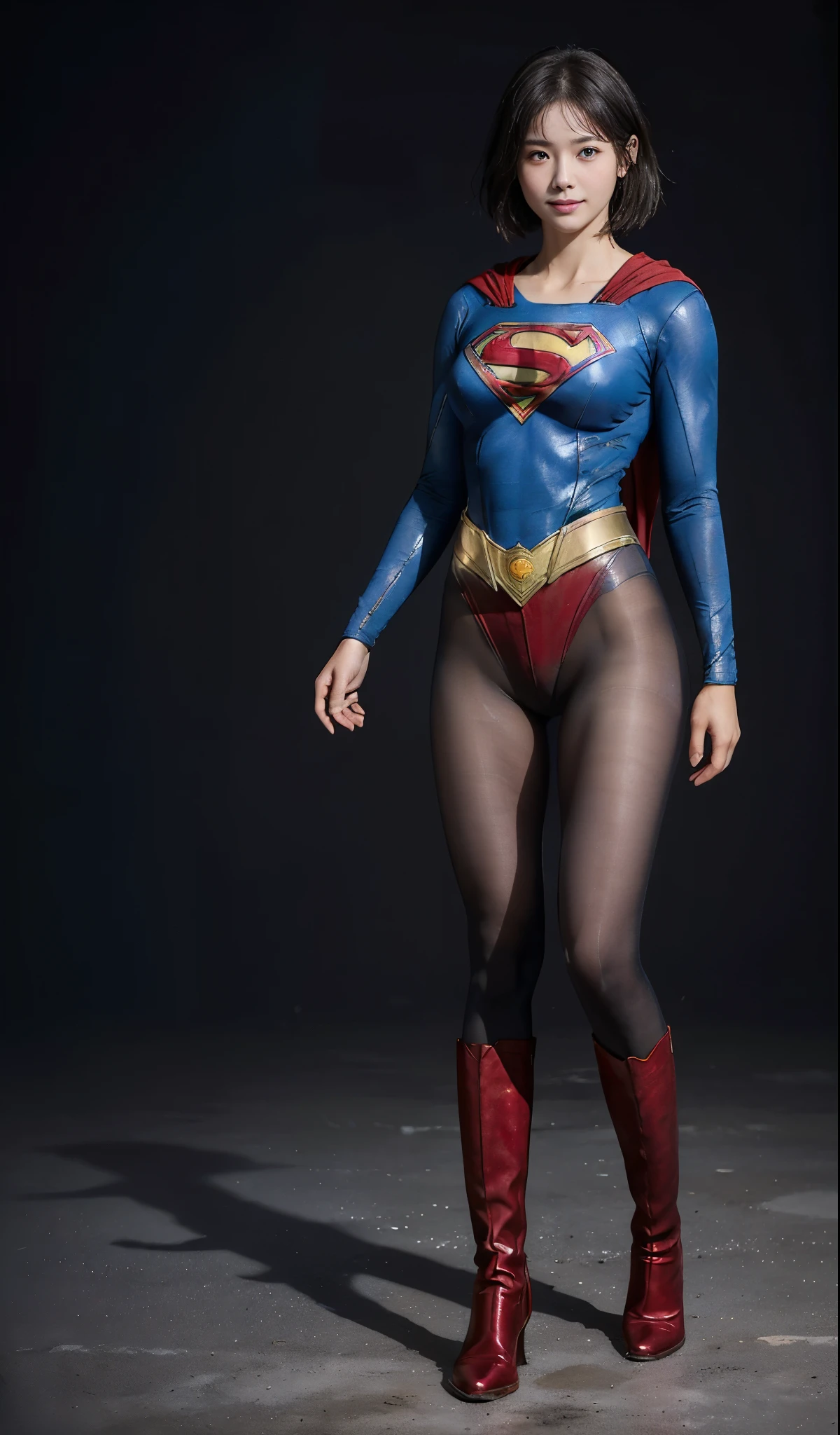 No background、(((Beautiful legs in black tights.)))、(((Legally express the beauty of your smile)))、((((Make the most of your original images)))、(((Supergirl Costume)))、(((beautiful short bob hair)))、(((suffering)))、(((Please wear black tights....、Wear red boots)))、((Best image quality、8K))、((highest quality、8K、masterpiece:1.3))、(((keep background )))、Sharp focus:1.2、Beautiful woman with perfect figure:1.4、Thin abdominal muscles:1.2、Wet body:1.5、Highly detailed face and skin texture、8K