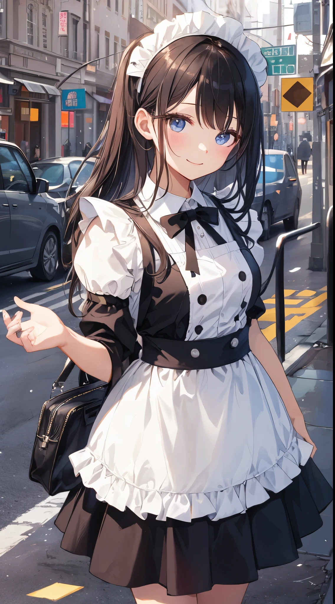 masterpiece、ultra-quality、An ultra-high picture quality、Detailed and delicate depiction、Maid:Cute、Has adorable outstanding looks。Has smooth hair、Her eyes are red and clear、Mote gesture、She's making a turn。Have a bright smile、The uniform is a classic maid outfit of black and white, with a long skirt and ankle-length、The apron looks white and neat.、The skirt is fluffy up on the turn。Background with:The scenery of the city is stylish and calm.、It has a bright, clean and fashionable atmosphere