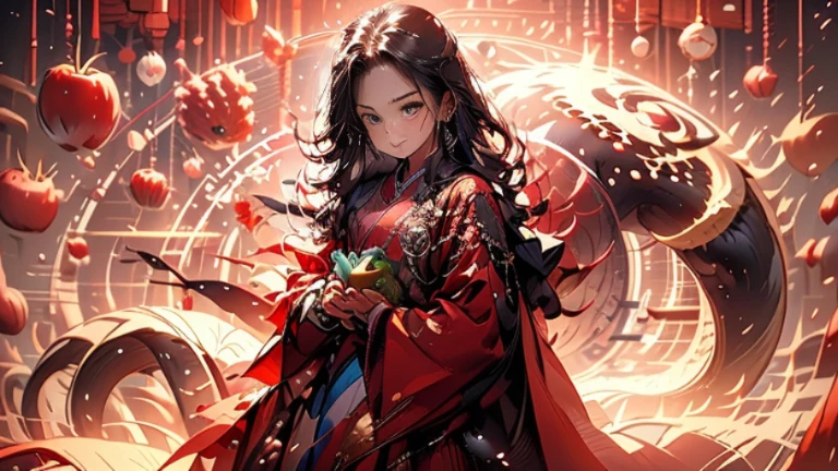 Mountains and forests,On the grass,3 A,Long black hair,Wearing pink hanbok,skirt,Holding and eating translucent fruit,It looks like a translucent apple.