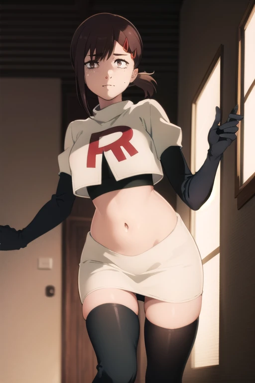 kobenihigashiyama, kobeni higashiyama, black hair, hair ornament, hairclip, mole, mole under eye, ponytail, short hair, (brown eyes:1.5),
BREAK team rocket,team rocket uniform,white skirt,red letter R,crop top,black thigh-highs,black elbow gloves,
BREAK looking at viewer,
BREAK (masterpiece:1.2), best quality, high resolution, unity 8k wallpaper, (illustration:0.8), (beautiful detailed eyes:1.6), extremely detailed face, perfect lighting, extremely detailed CG, (perfect hands, perfect anatomy),