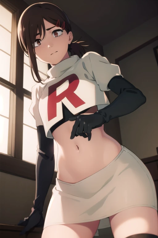 kobenihigashiyama, kobeni higashiyama, black hair, hair ornament, hairclip, mole, mole under eye, ponytail, short hair, (brown eyes:1.5),
BREAK team rocket,team rocket uniform,white skirt,red letter R,crop top,black thigh-highs,black elbow gloves,
BREAK looking at viewer,
BREAK (masterpiece:1.2), best quality, high resolution, unity 8k wallpaper, (illustration:0.8), (beautiful detailed eyes:1.6), extremely detailed face, perfect lighting, extremely detailed CG, (perfect hands, perfect anatomy),