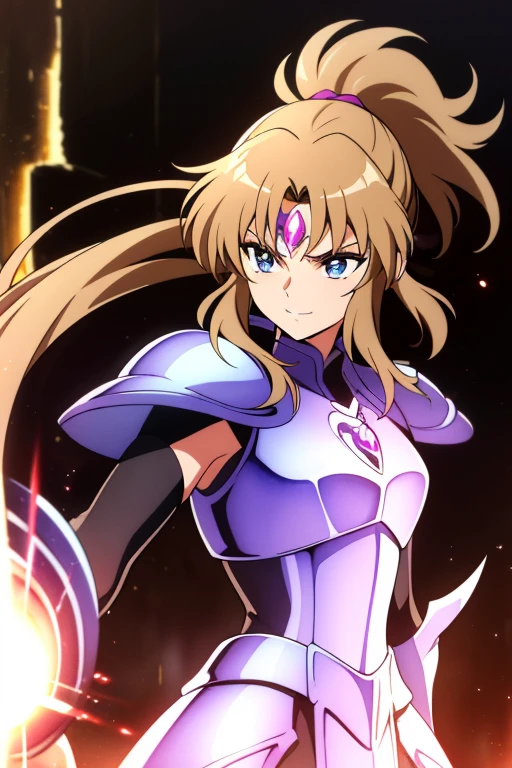 (high-quality, breathtaking),(expressive eyes, perfect face), 1girl, female, solo, half body, armor, dark onyx purple armor, saint seiya armor, spectre armor, fantasy armor, light brown hair, medium length hair, brown eyes, ( watercolor \(medium\), black background, small smile, zoom out, fluffy ponytail
