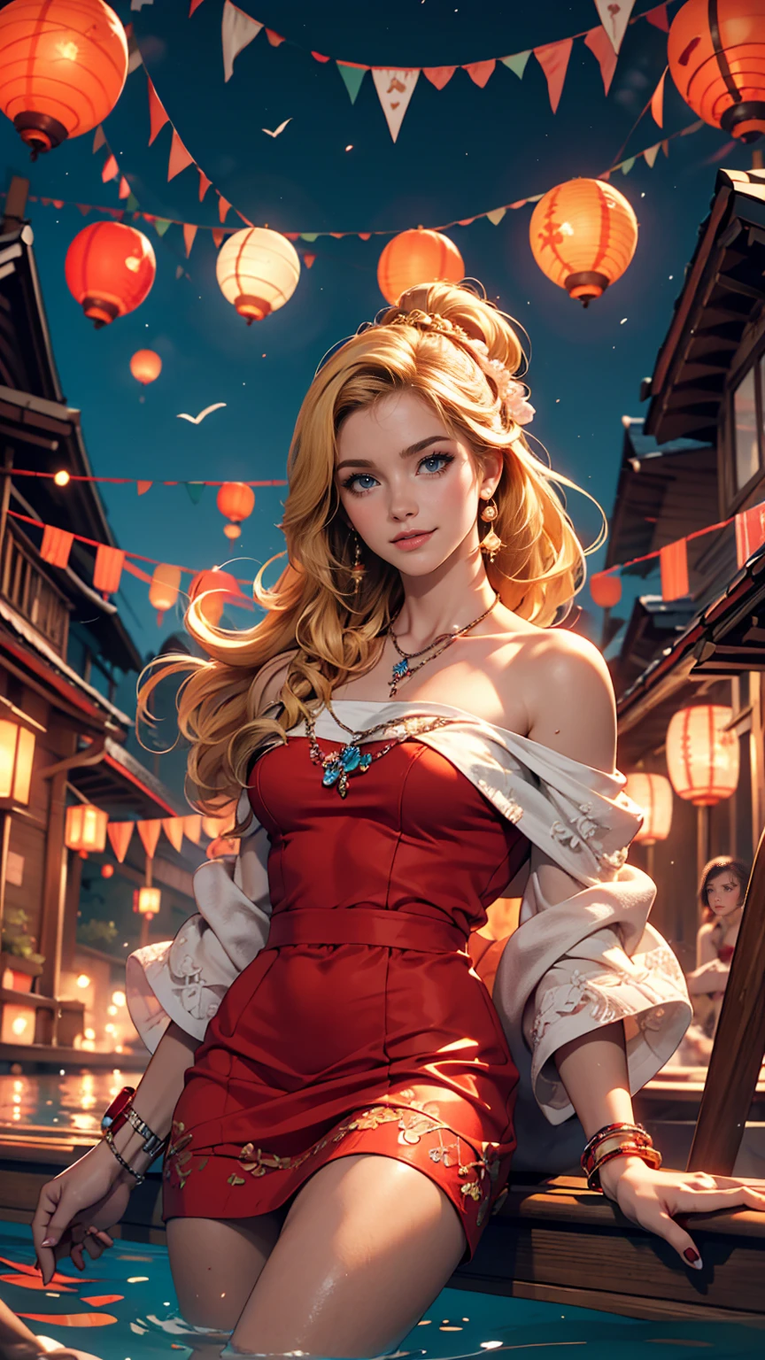 ((最high quality, 8K, masterpiece: 1.3, Ultra HD, high quality, 最high quality, High resolution, realism)) 、A 22-year-old extremely beautiful white woman、Hair color blonde、blue eyeedium Hair、Straight Hair、smile、Slender but well-proportioned body、Background blur((depth of field))、aerial perspective((atmospheric perspective))、I want my head to stay off screen、Wearing accessories on the wrist、Put an anklet on your ankle、Wearing red nail polish、I have a peticure、Disney((Disney))Tangled、Blonde long hair、Wear an off-the-shoulder dress、smile、On a boat floating in the middle of a lake at night、See countless lanterns flying in the sky