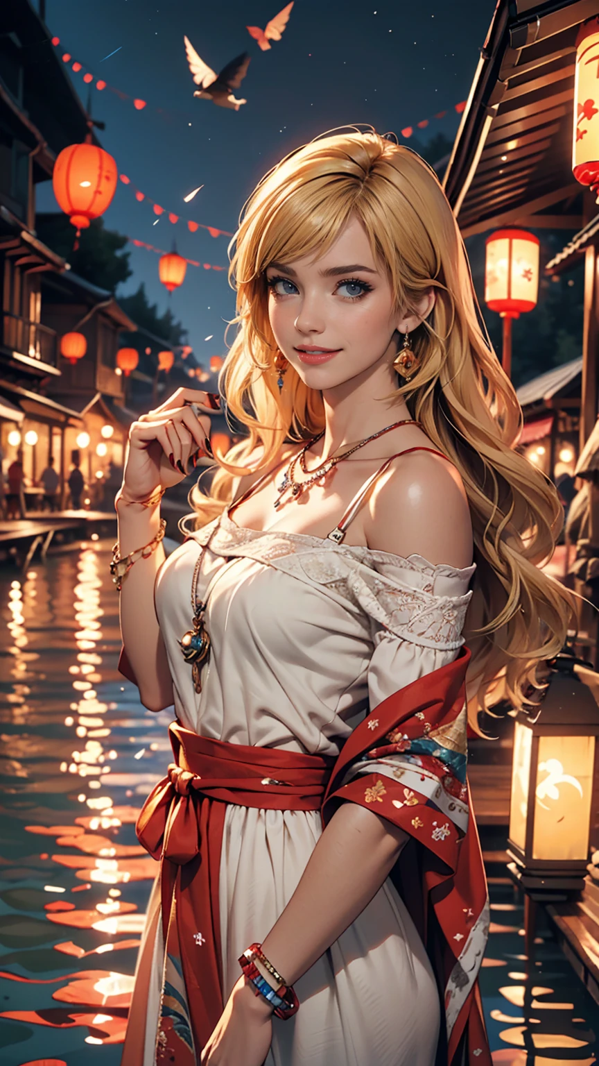 ((最high quality, 8K, masterpiece: 1.3, Ultra HD, high quality, 最high quality, High resolution, realism)) 、A 22-year-old extremely beautiful white woman、Hair color blonde、blue eyeedium Hair、Straight Hair、smile、Slender but well-proportioned body、Background blur((depth of field))、aerial perspective((atmospheric perspective))、I want my head to stay off screen、Wearing accessories on the wrist、Put an anklet on your ankle、Wearing red nail polish、I have a peticure、Disney((Disney))Tangled、Blonde long hair、Wear an off-the-shoulder dress、smile、On a boat floating in the middle of a lake at night、See countless lanterns flying in the sky